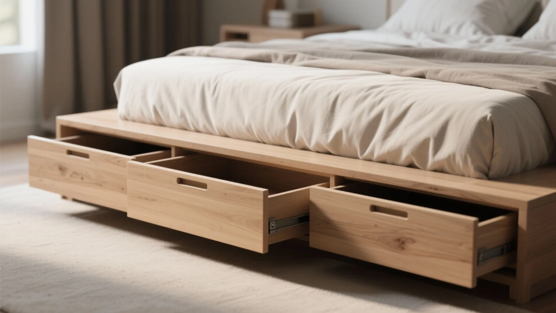 Wooden bed frame with three open storage drawers showing extra space for clothes in bedroom