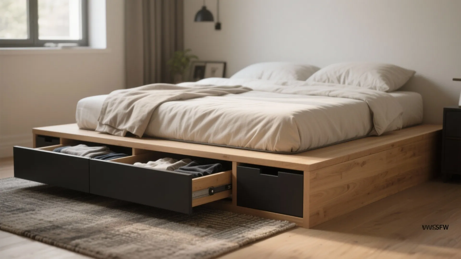 Wooden platform bed with open black drawers showing folded clothes inside on a grey rug