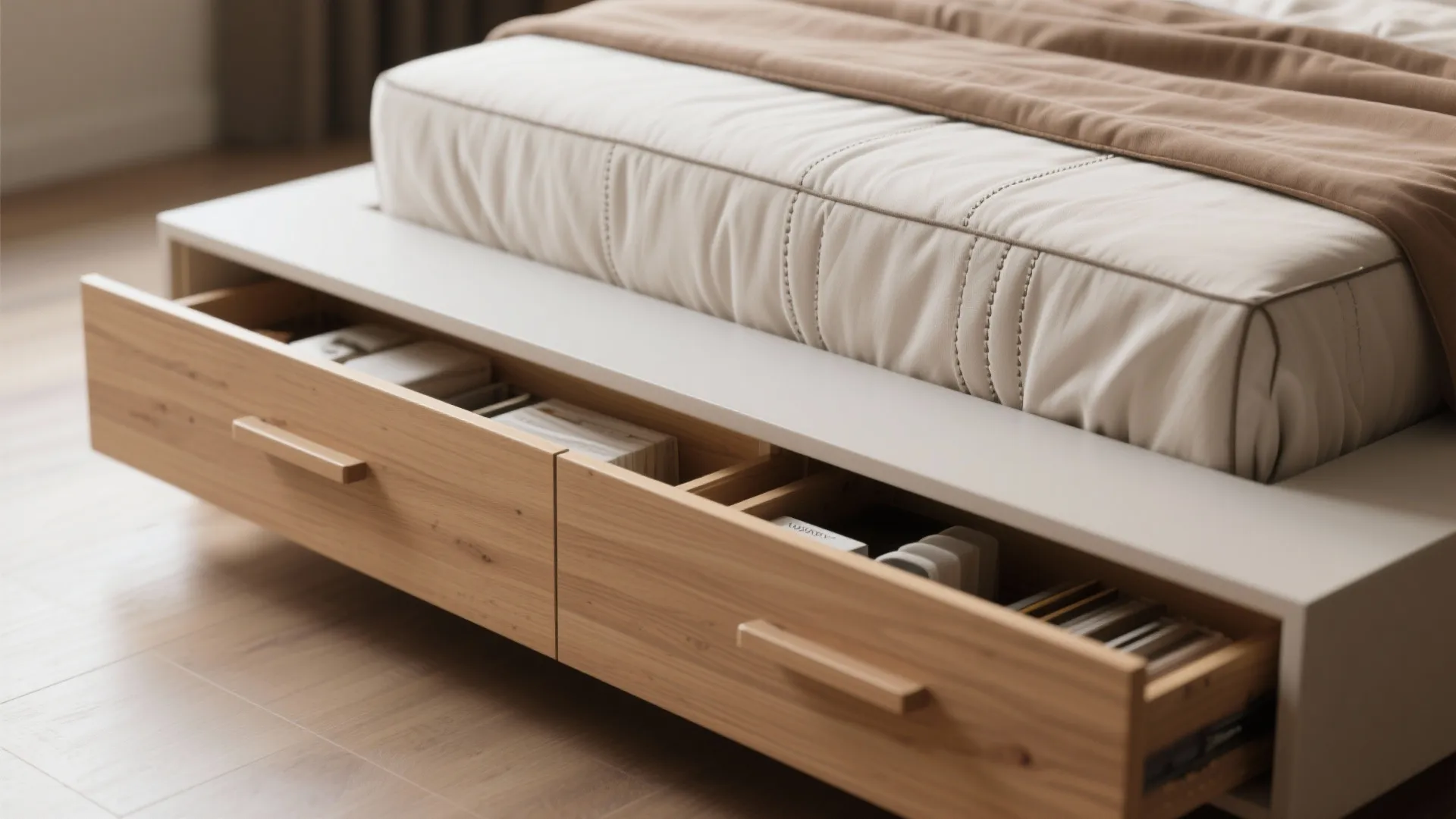 Modern white platform bed with two open wooden drawers for storage and a white mattress
