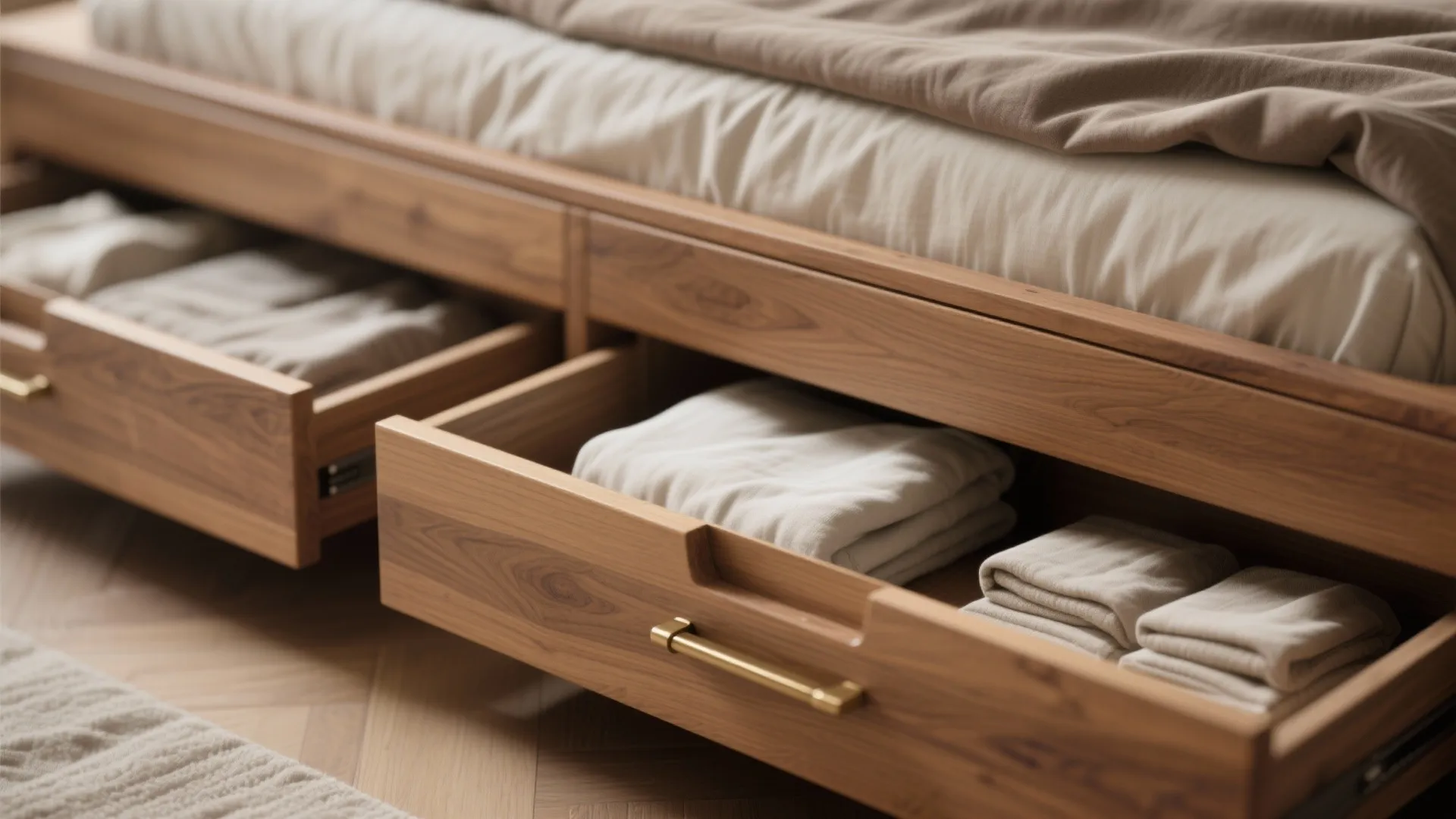 Close up of wooden bed frame with open storage drawers containing neatly folded white clothes