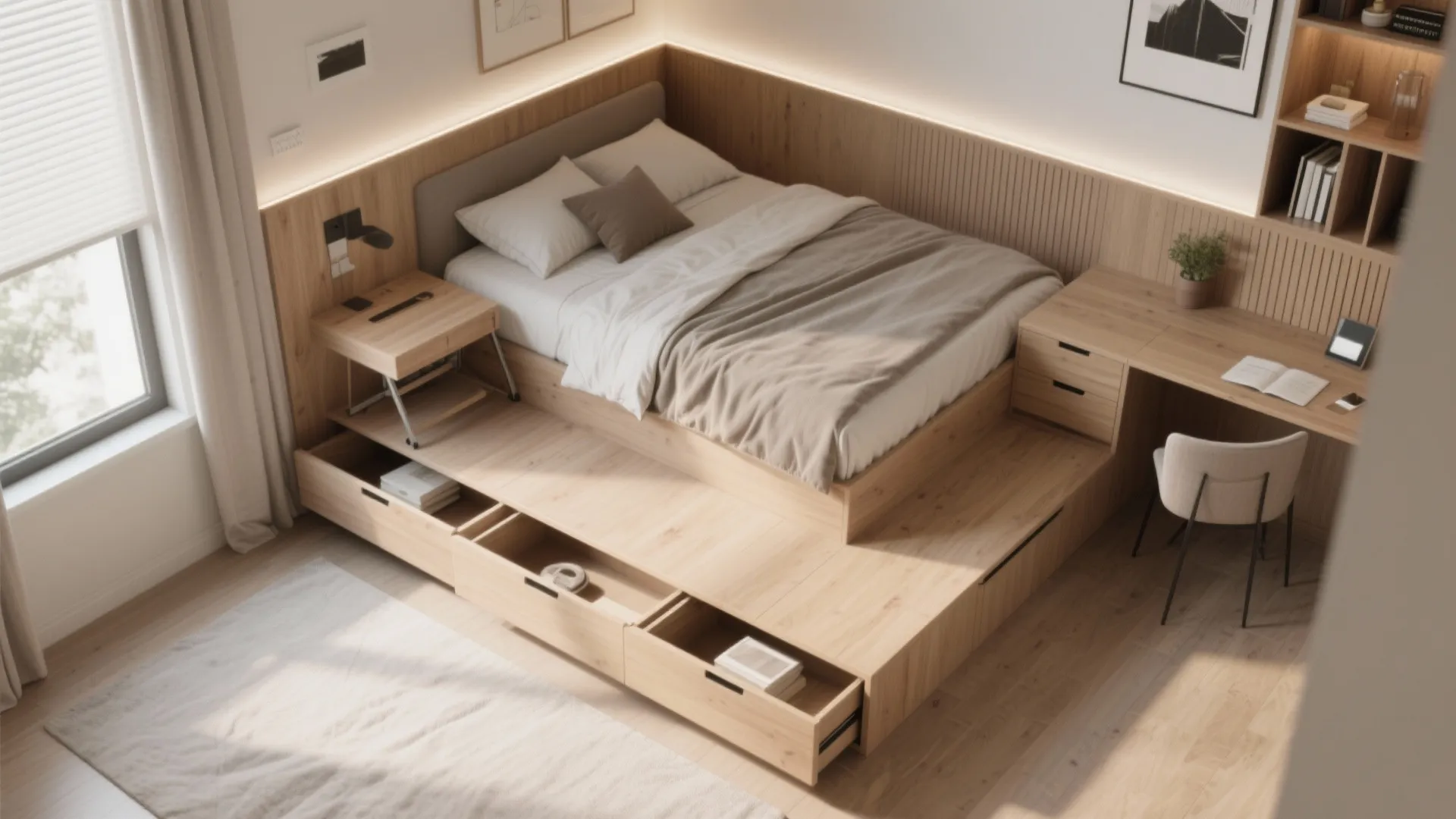 Platform Bed with Hidden Drawers and Fold-Up Desk