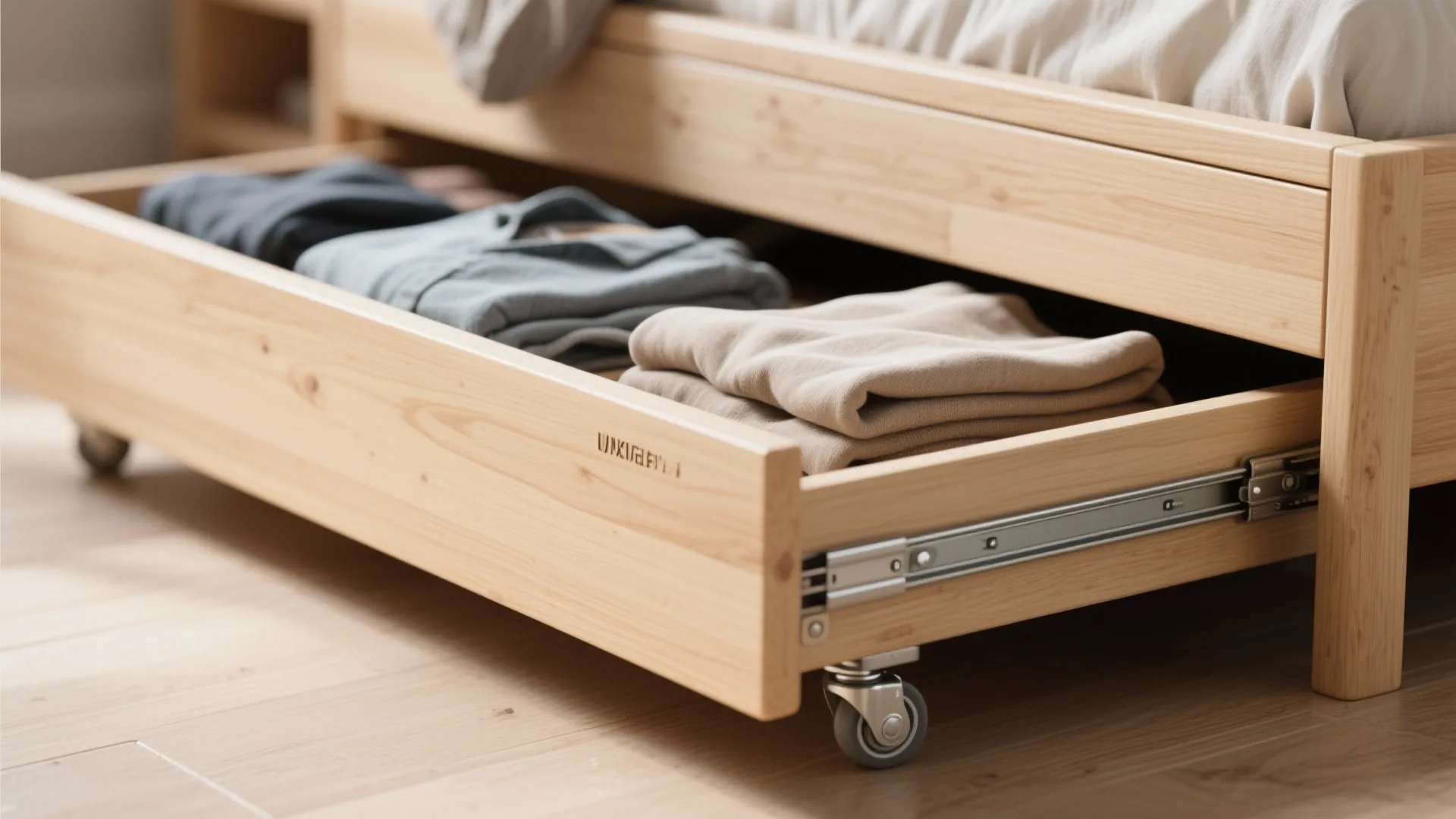 Close-up of a light wood platform bed drawer showing storage space, castors and folded clothes.