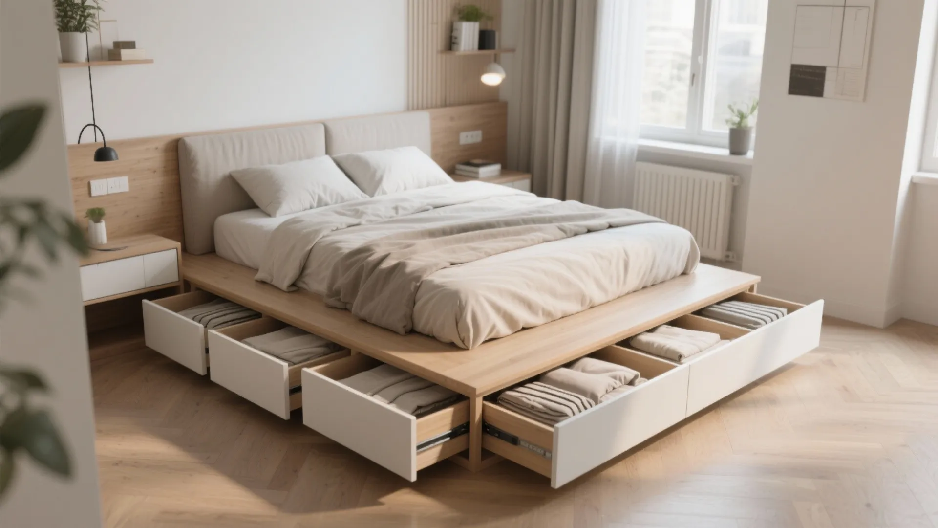 3. Platform Bed with Built-in Storage Drawers