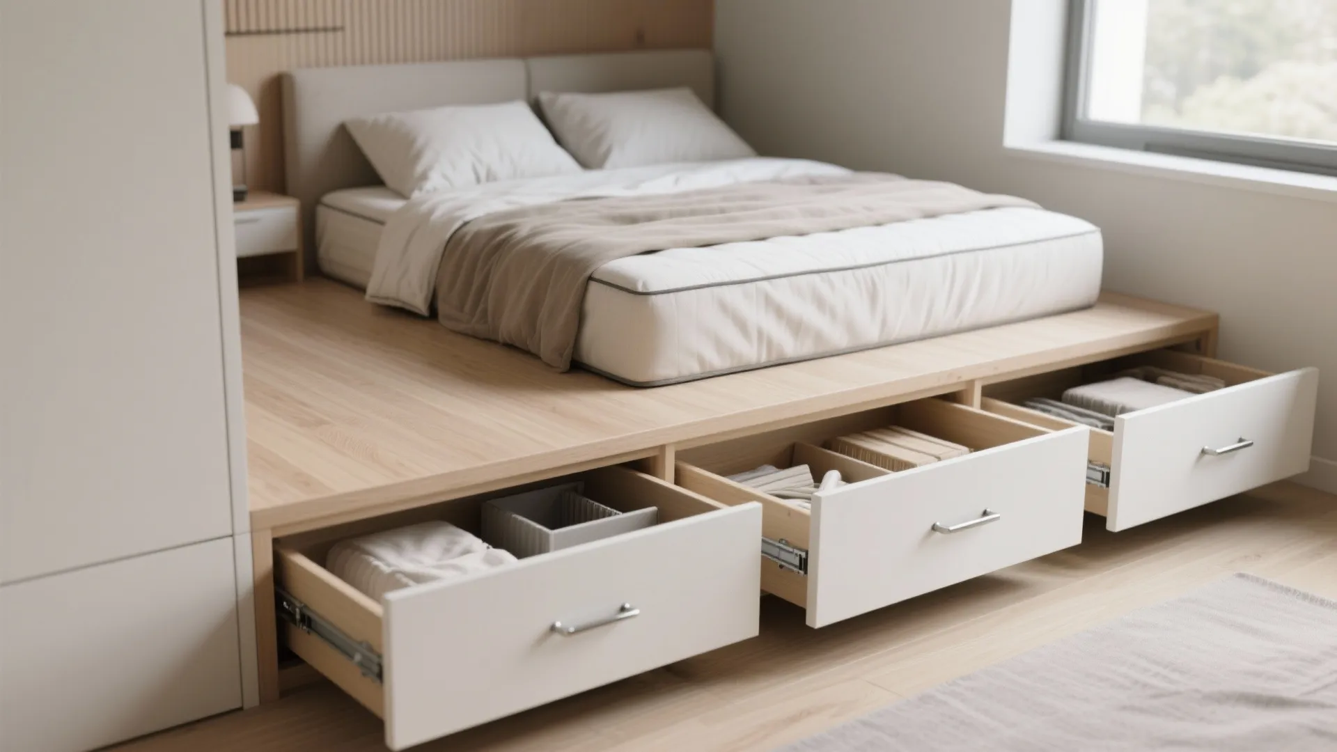 1. Elevated platform with deep drawers