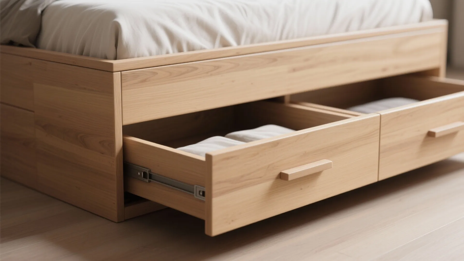 Close-up of integrated under-bed drawers on a low-profile platform bed showing wood grain and hardware.