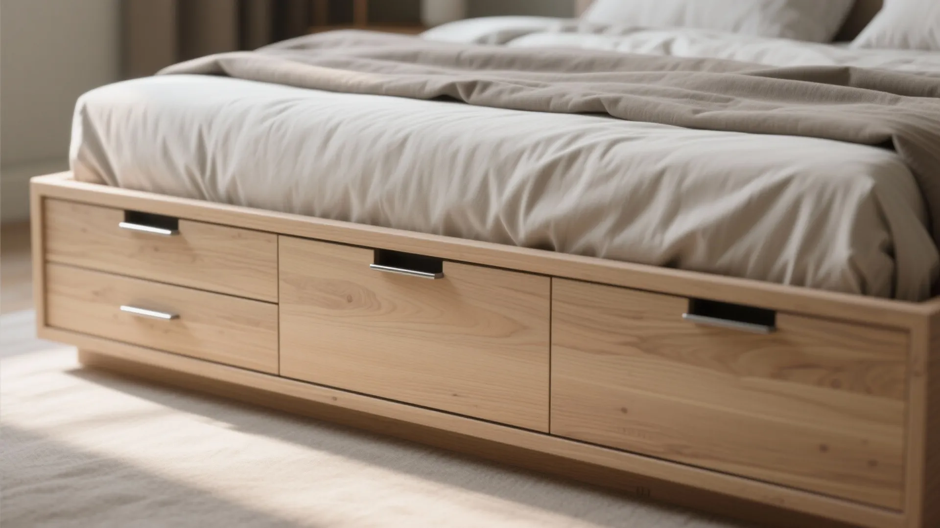 1. Low platform bed with integrated drawers