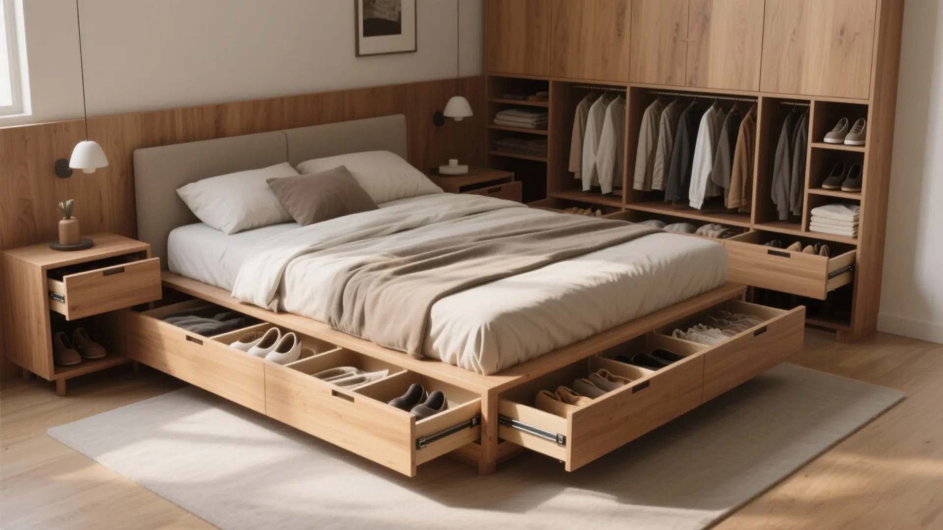 2. Platform bed with built-in drawers – everyday access