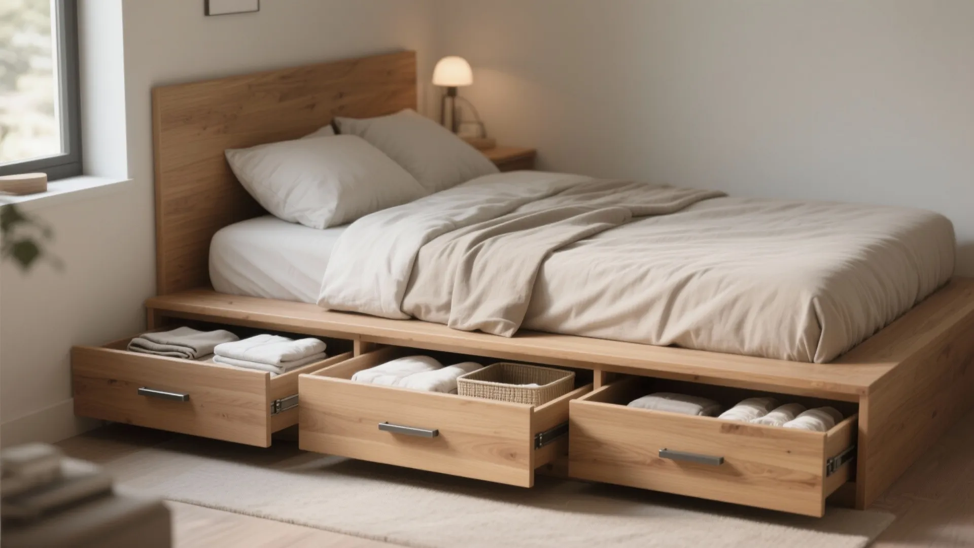 1. Platform bed with concealed drawers