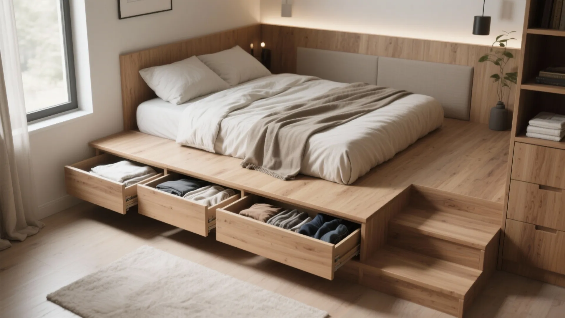 2. Elevated bed platforms with drawers