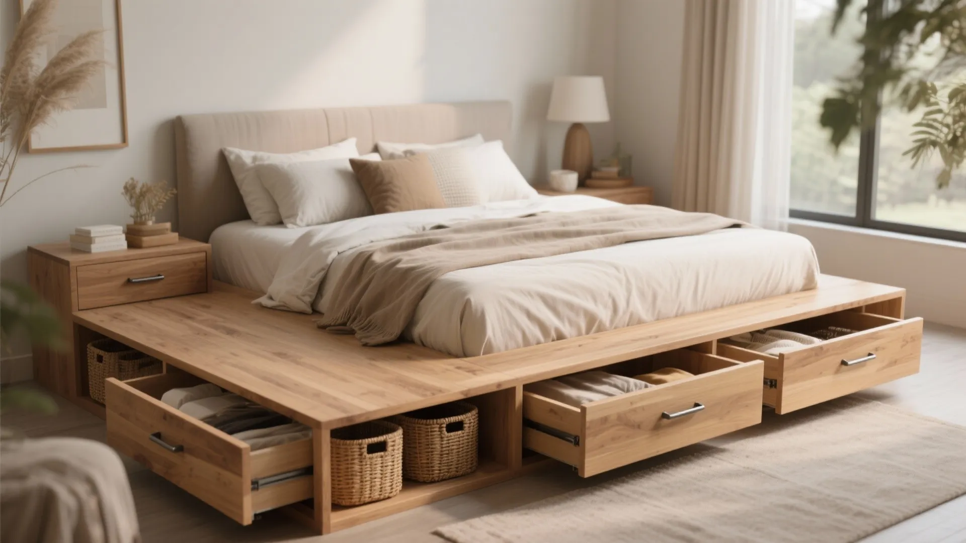 Wooden platform bed with open storage drawers beige bedding nightstand lamp and large bedroom window