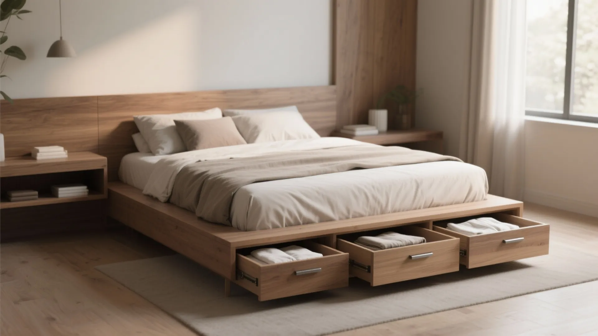 1. Platform bed with integrated drawers