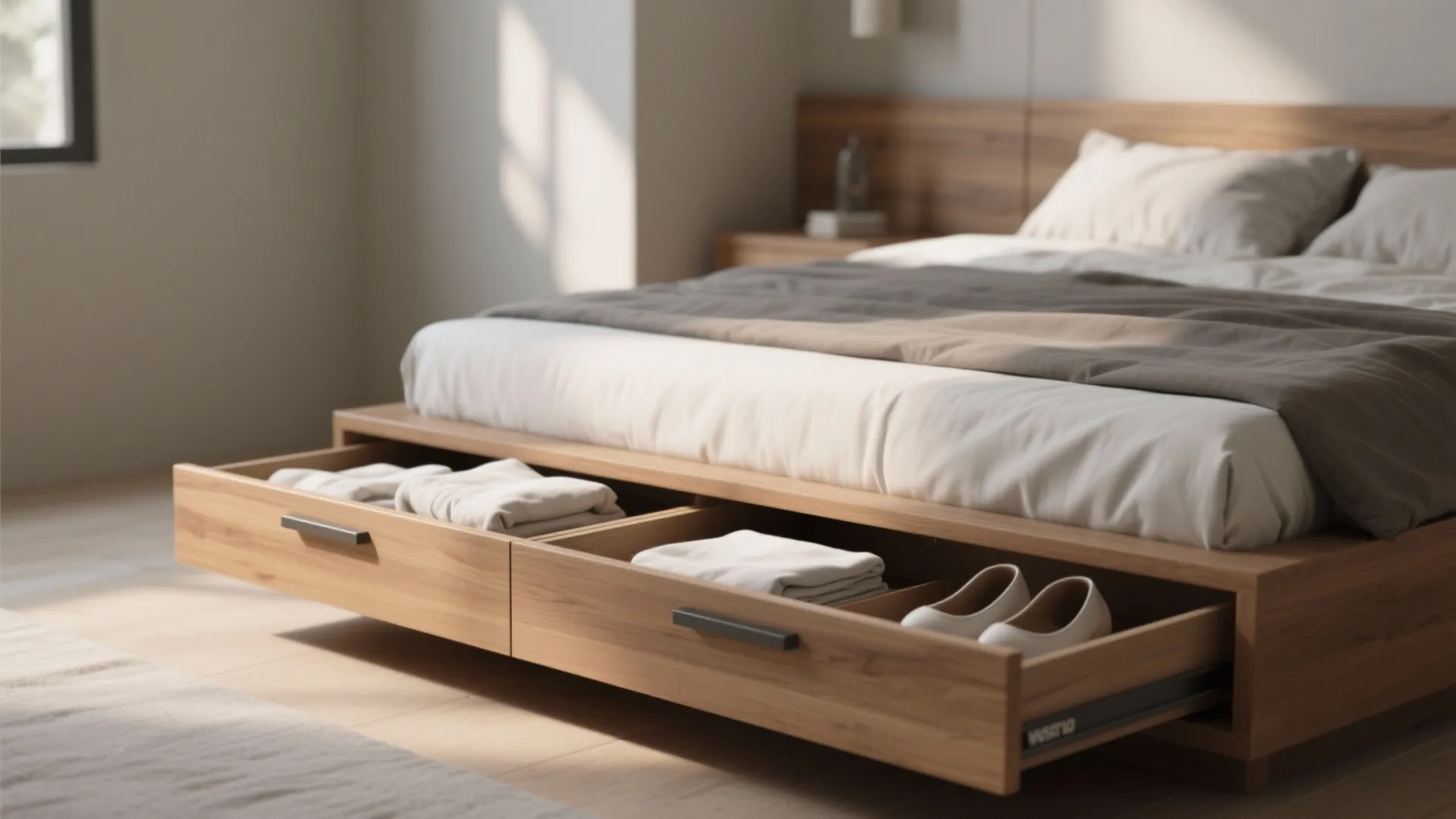Platform bed with built-in drawers open to show organized linens and storage in a small bedroom.