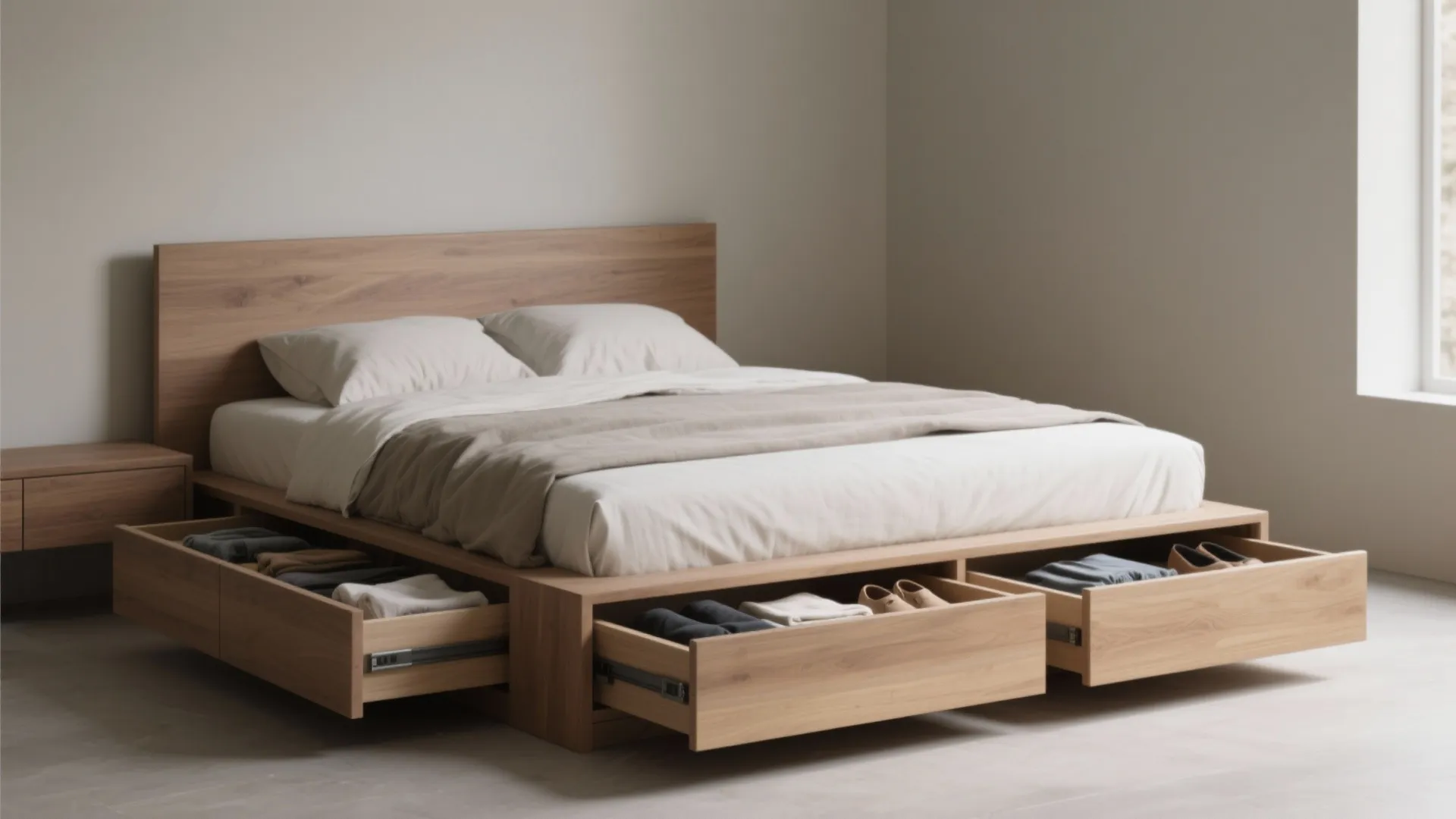Wooden platform bed with storage drawers pulled out showing clothes and shoes in a bedroom