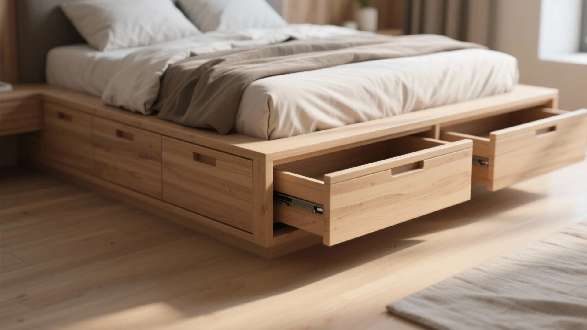 Wooden platform bed frame showing open storage drawers on a light color natural wood floor