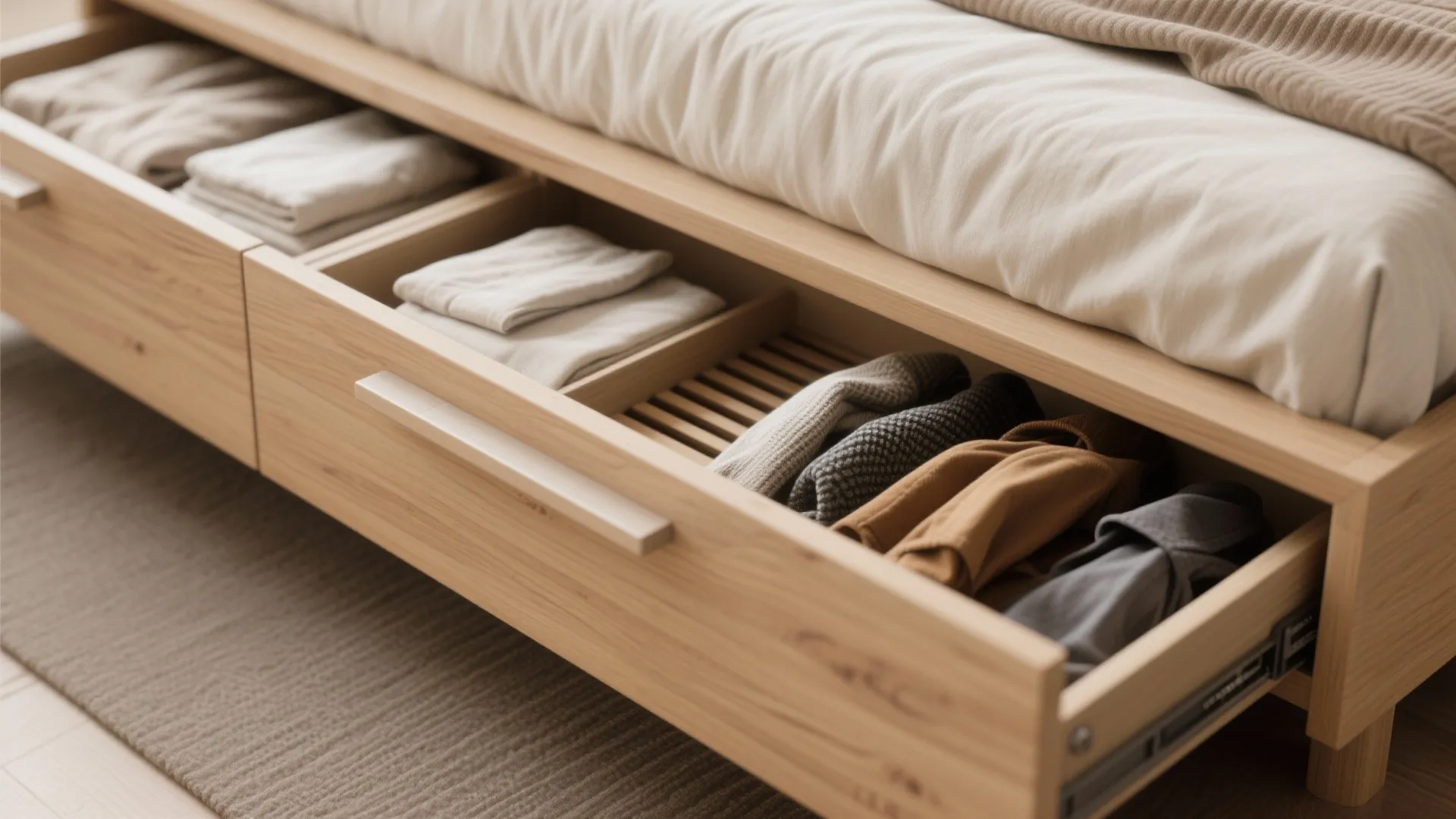 Wooden platform bed frame featuring large pull out storage drawers for organizing folded clothes and blankets