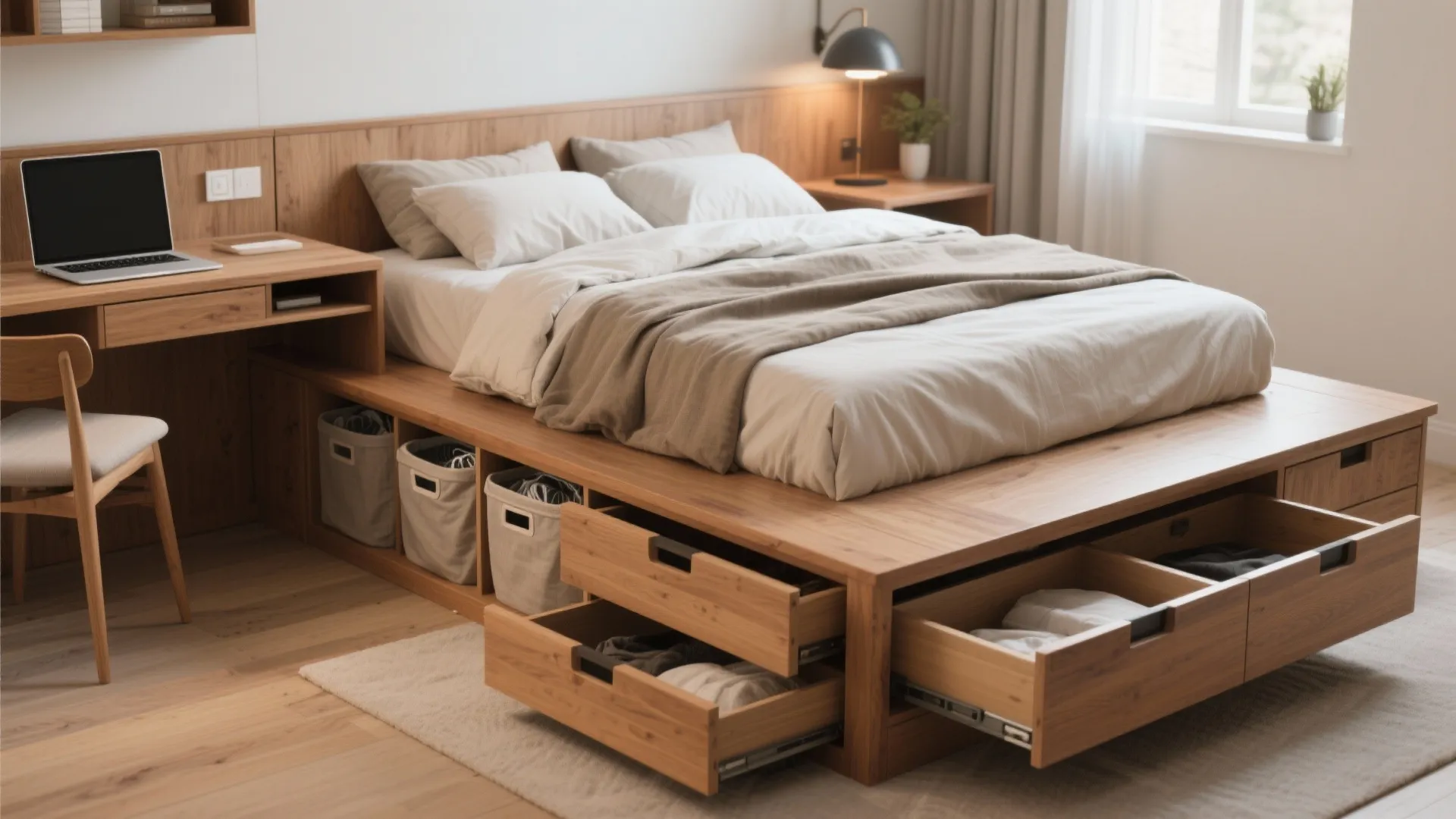 Wooden bed frame with open storage drawers and integrated desk with laptop in bedroom design.