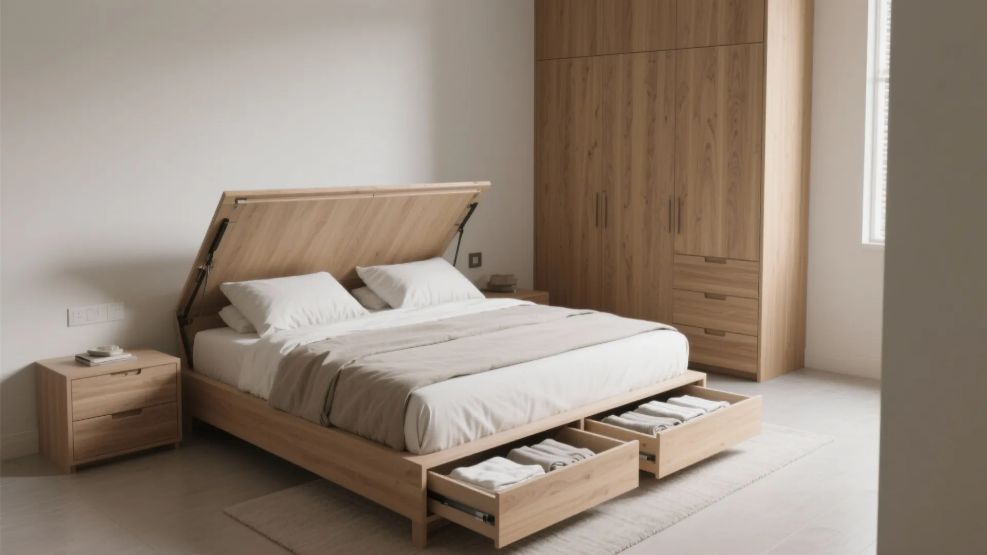 Wooden bed frame with open storage drawers and lifting headboard next to a large cabinet
