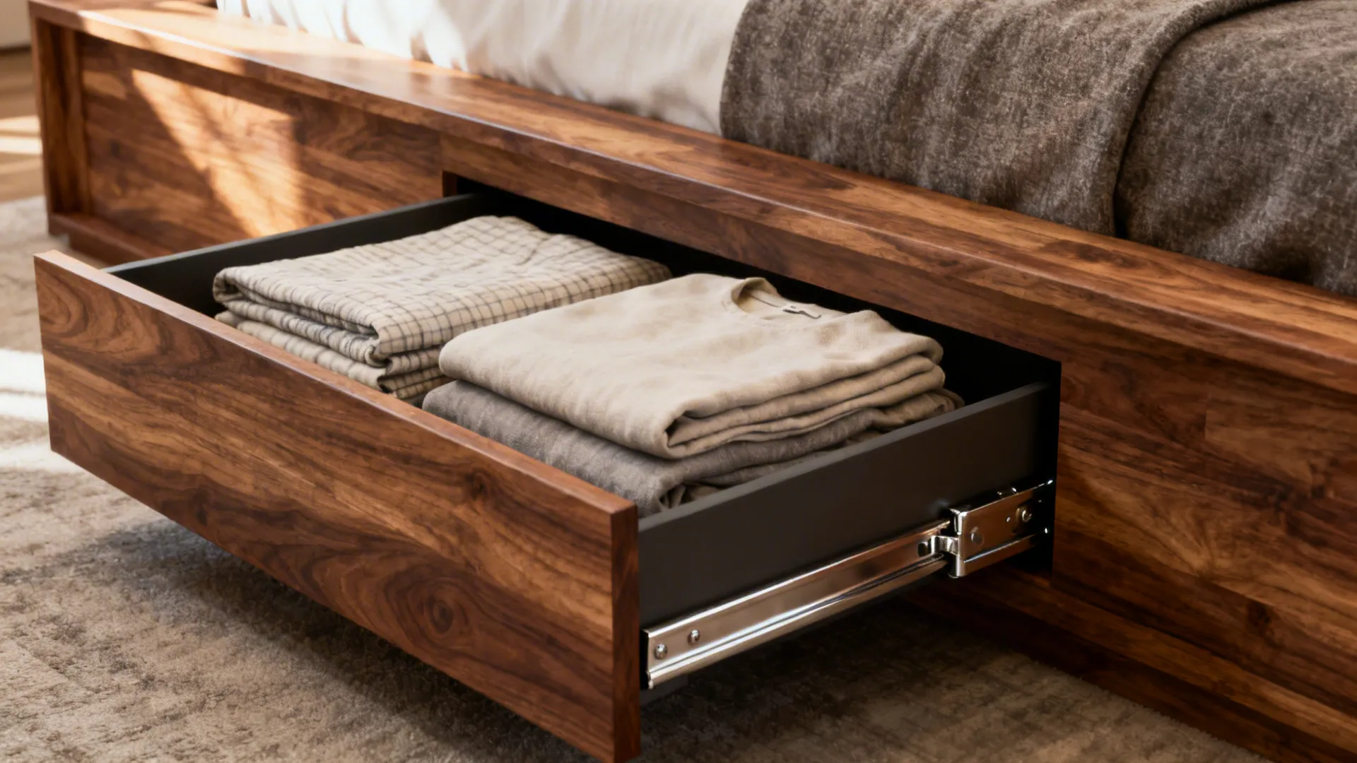 Close up view of a dark wood bed frame with an open drawer holding clothes