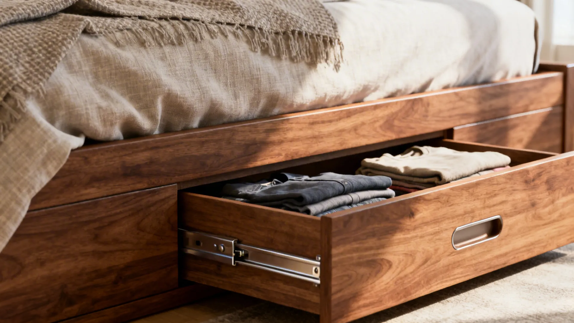 Close-up of a platform bed's under-bed drawer with folded clothes and metal slides.