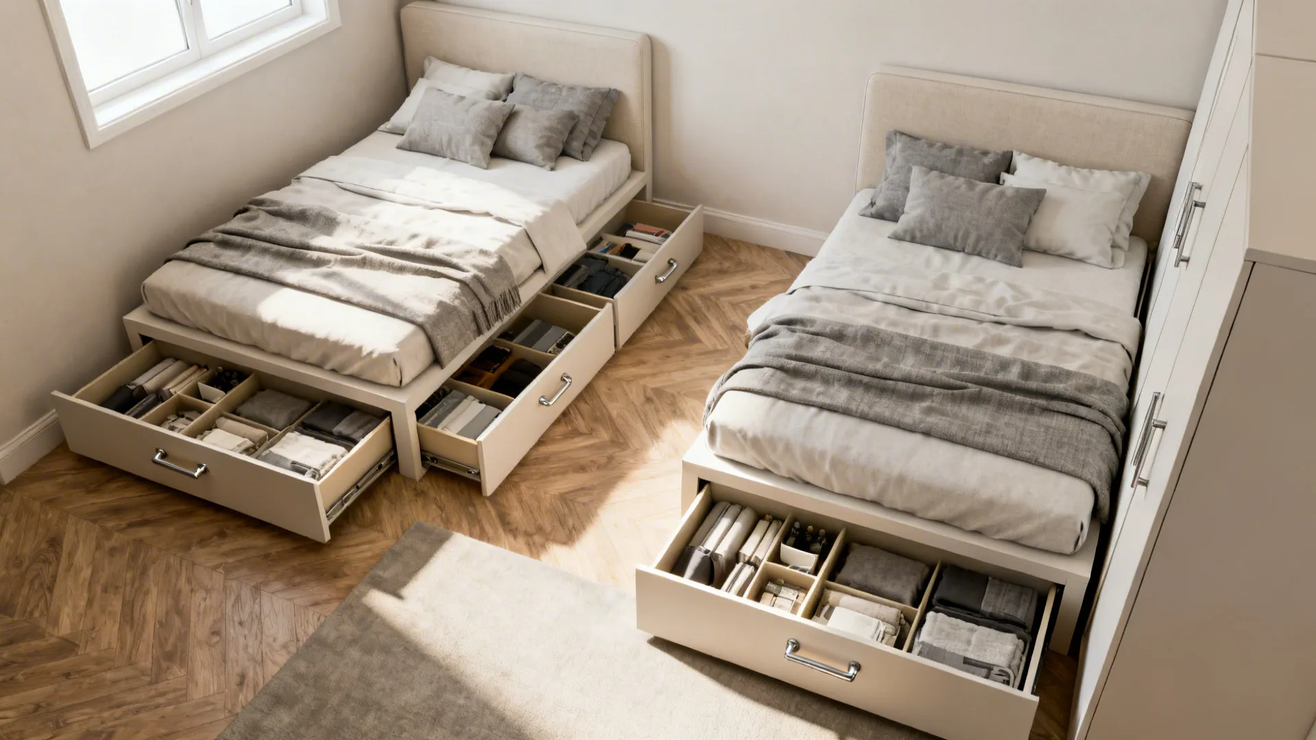 Platform and fold-down queen beds with under-storage creating daytime floor space in a small room.