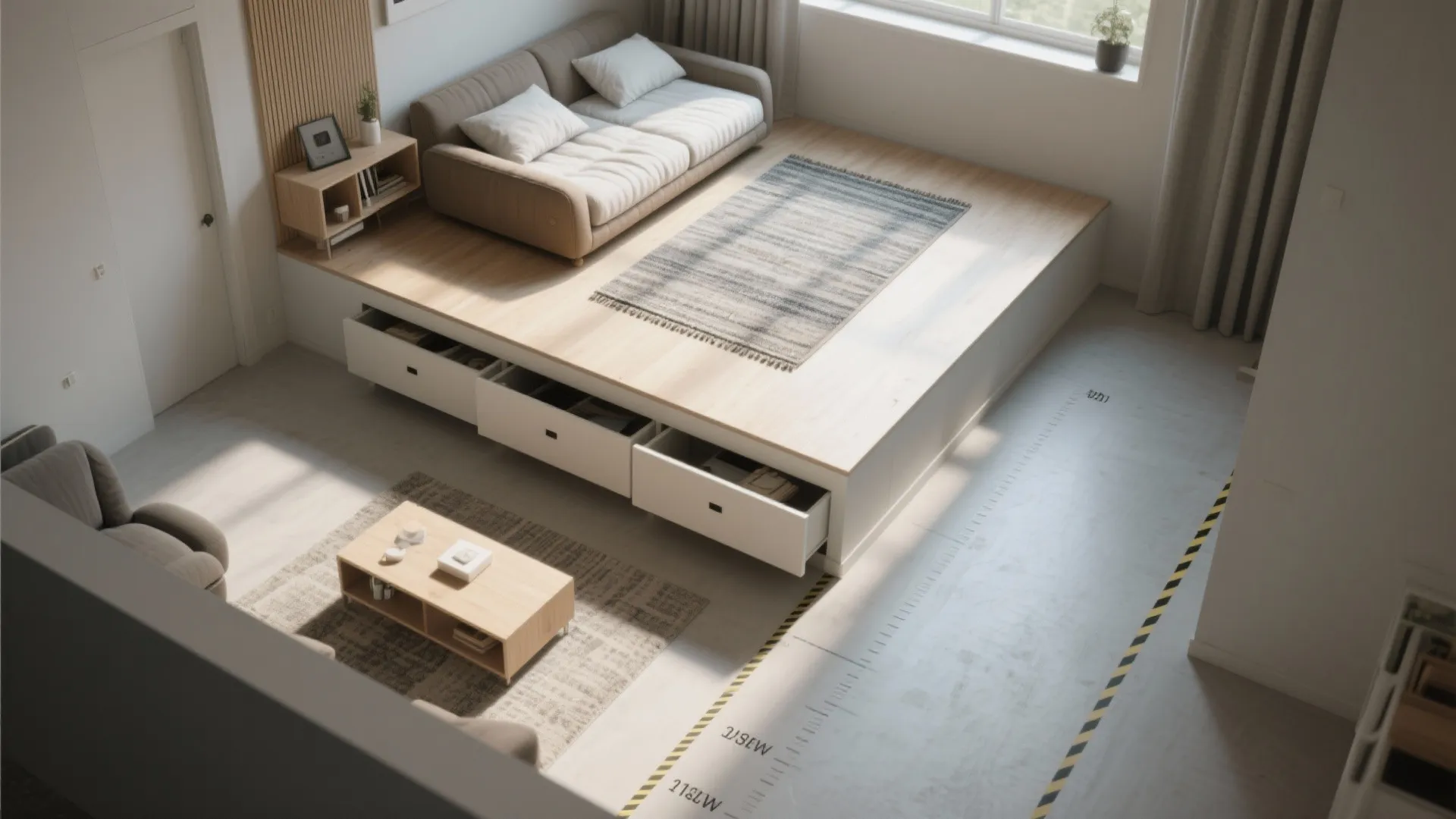 Interior design drawing showing a raised wooden platform with storage drawers and a small sofa