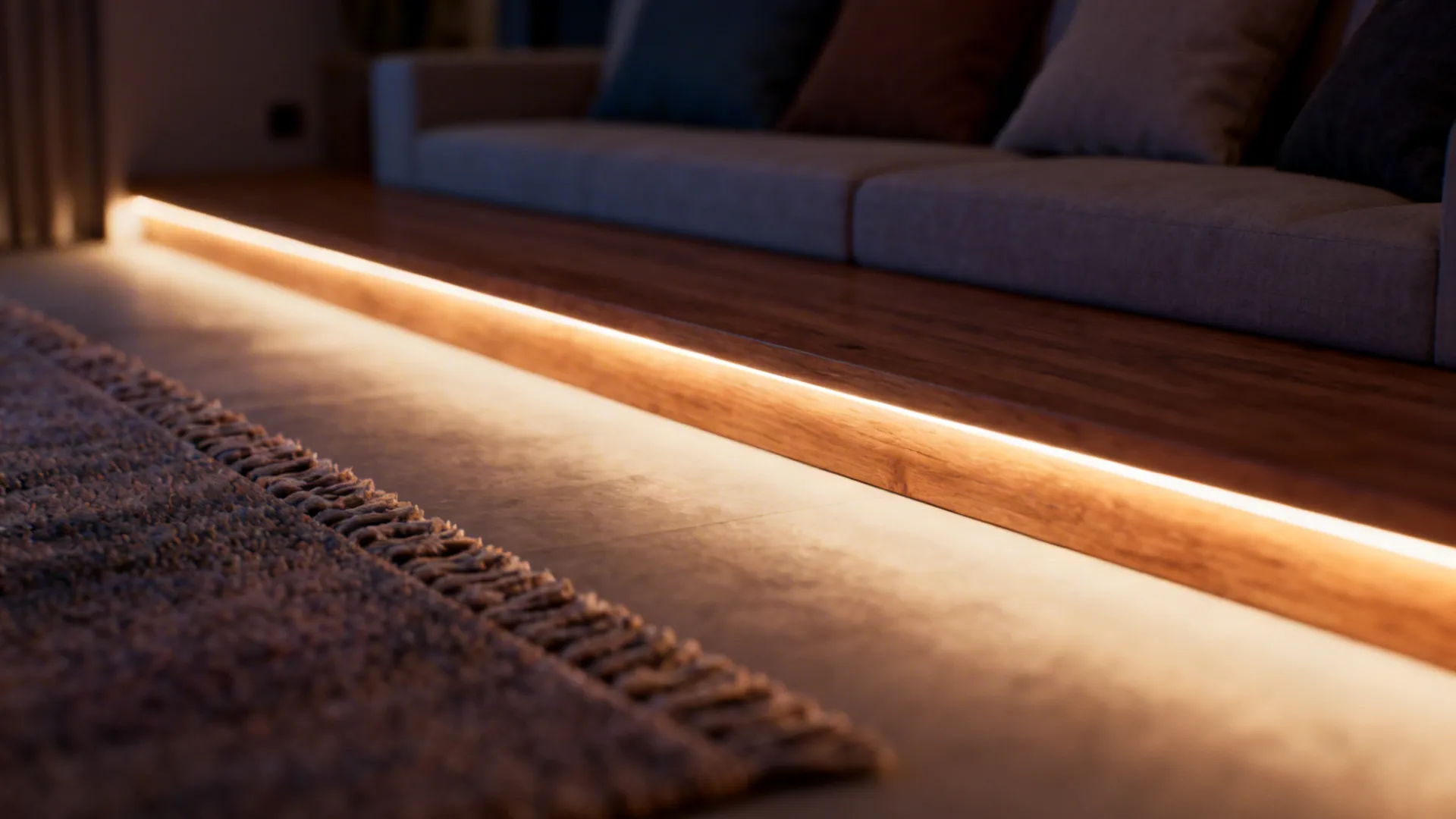 Low platform with recessed LED perimeter lighting, rug edge and low-profile seating detail.