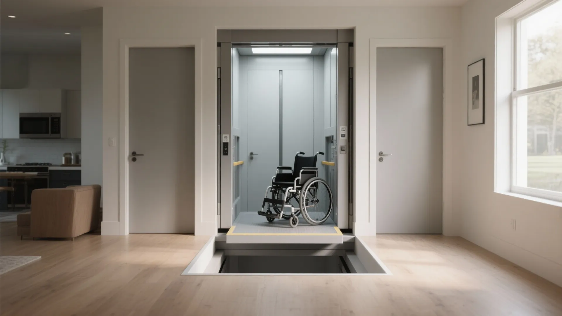 Through-floor platform lift with flush doors and neutral finishes, shown with accessibility clearance.