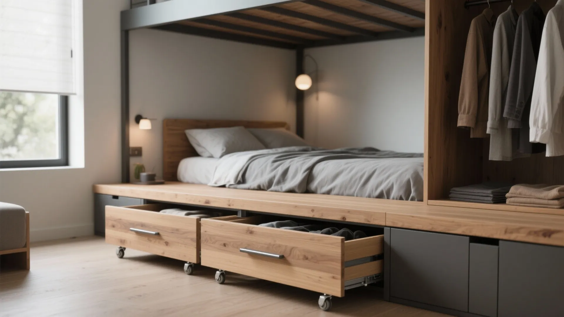Modern bedroom with wooden platform bed featuring storage drawers on wheels and a built in wardrobe