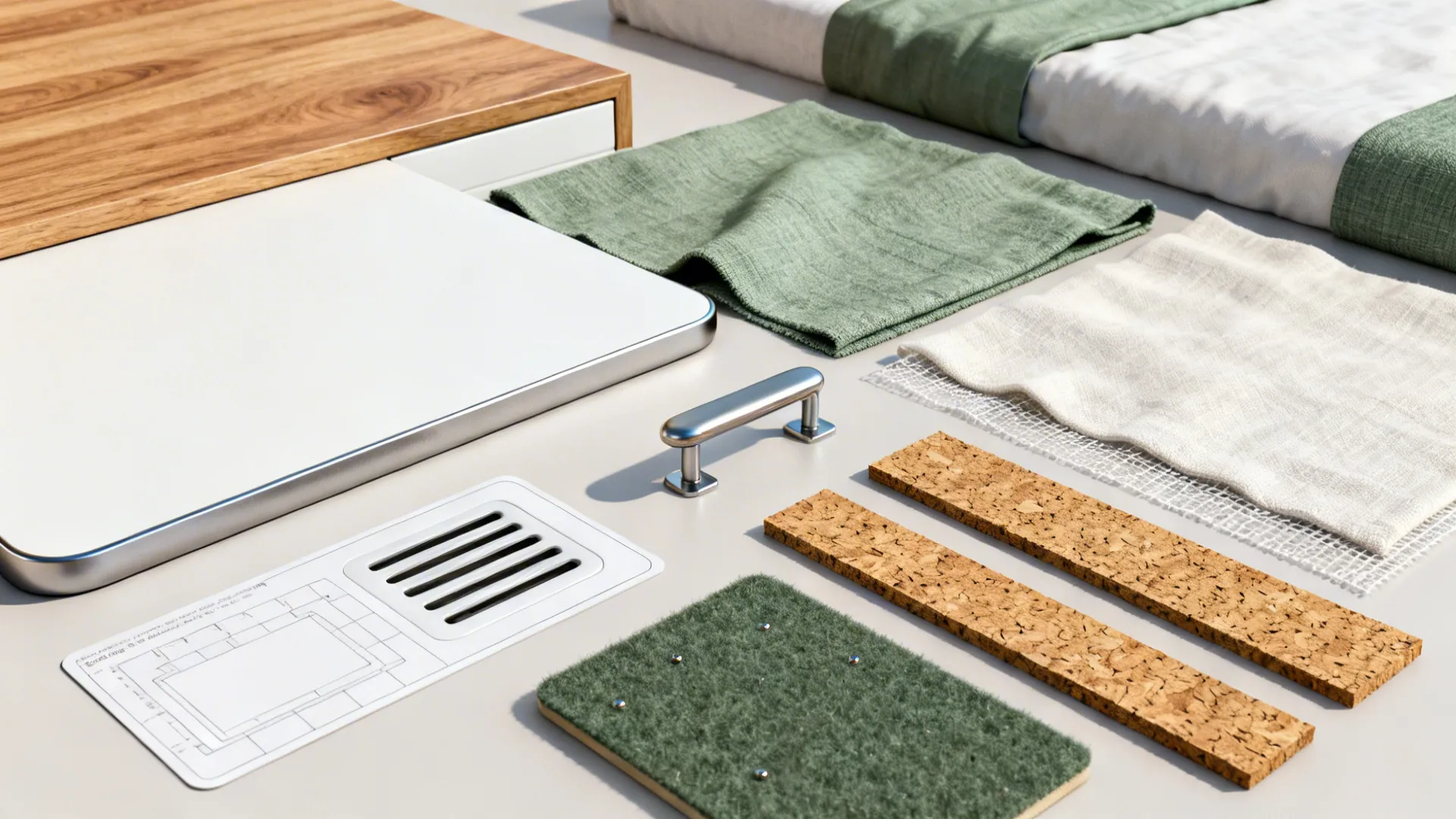 Flatlay of wood veneer, laminates, textiles, cork, felt, and hardware for platform beds.