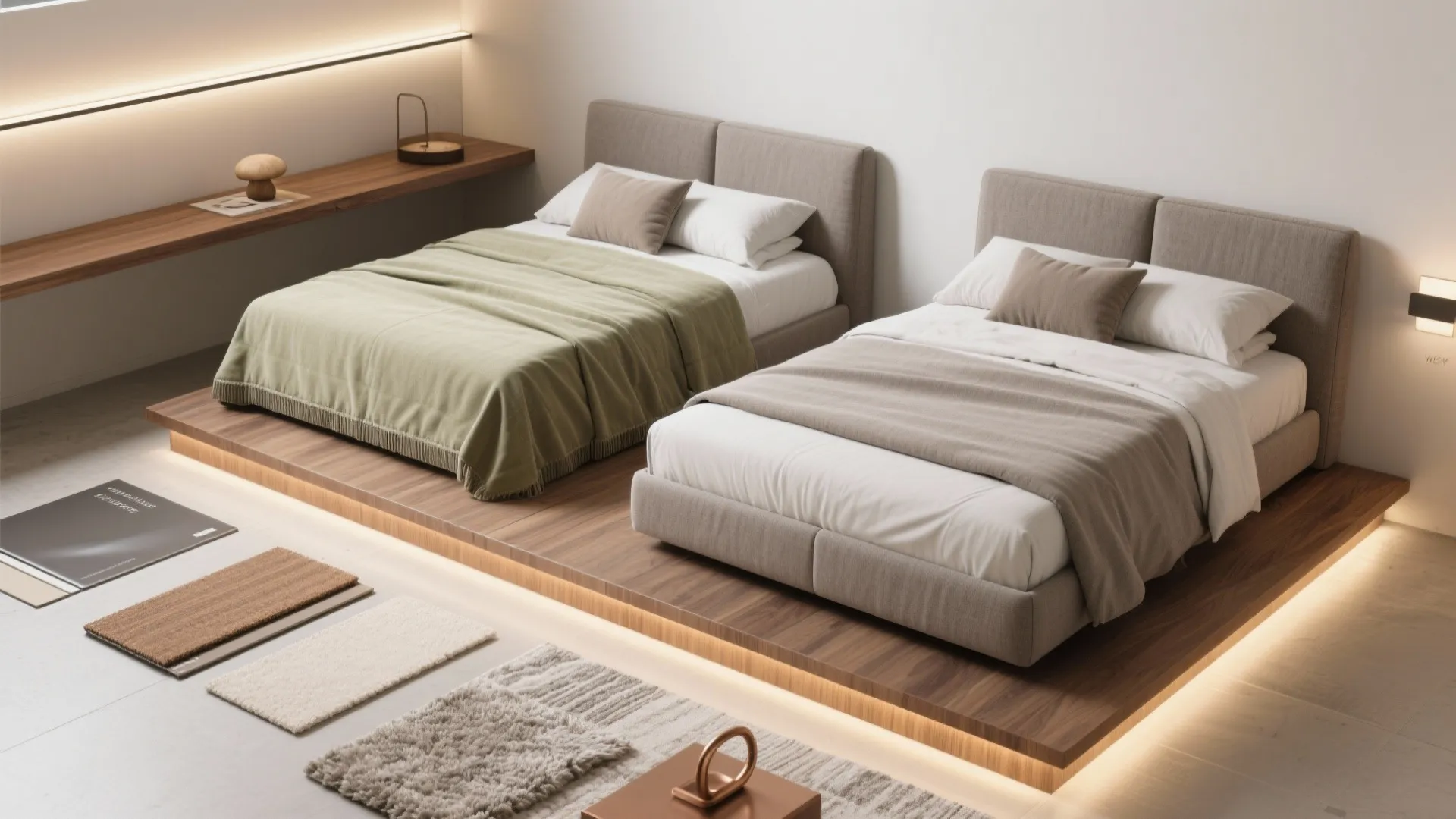 5) Raised platforms with underbed drawers and wall-to-wall shelf