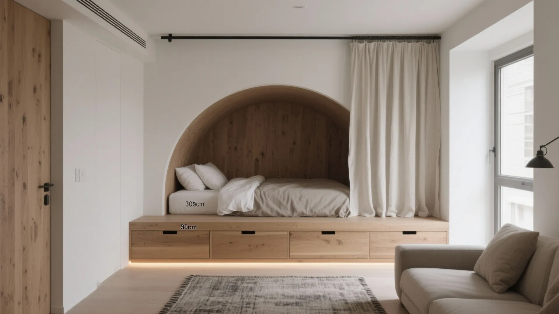 Modern wooden platform bed with arched alcove storage drawers white curtains and grey living room sofa