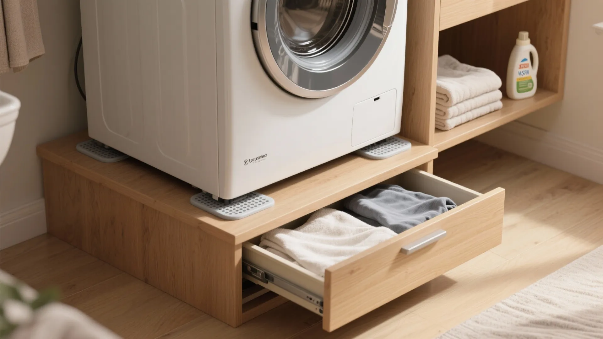 Washing machine on a wood platform with an open drawer filled with folded white clothes