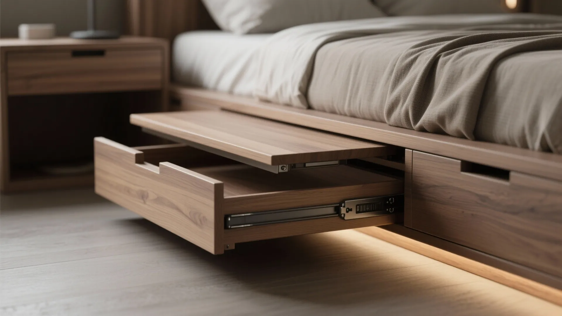 Modern wooden bed frame with storage drawers and a sliding shelf for extra bedroom space