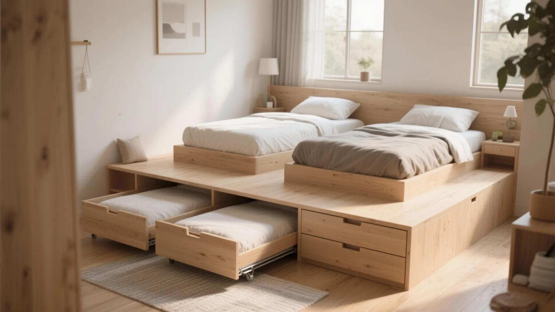 Modern wood platform bed with pull out beds and storage drawers in a bright bedroom