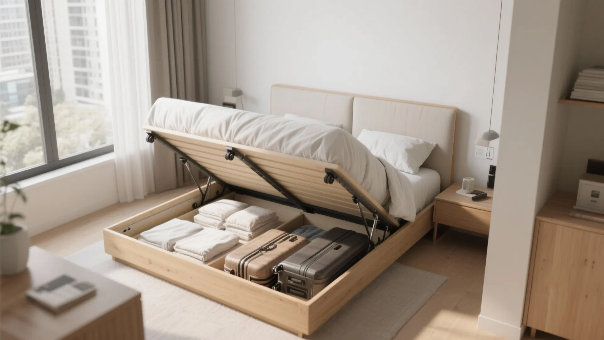 Compact bedroom with a light wood lift-up platform storage queen bed opened to show hidden storage.