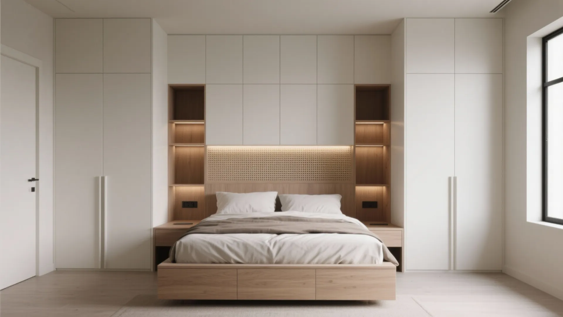 Built-in storage wall with a platform bed