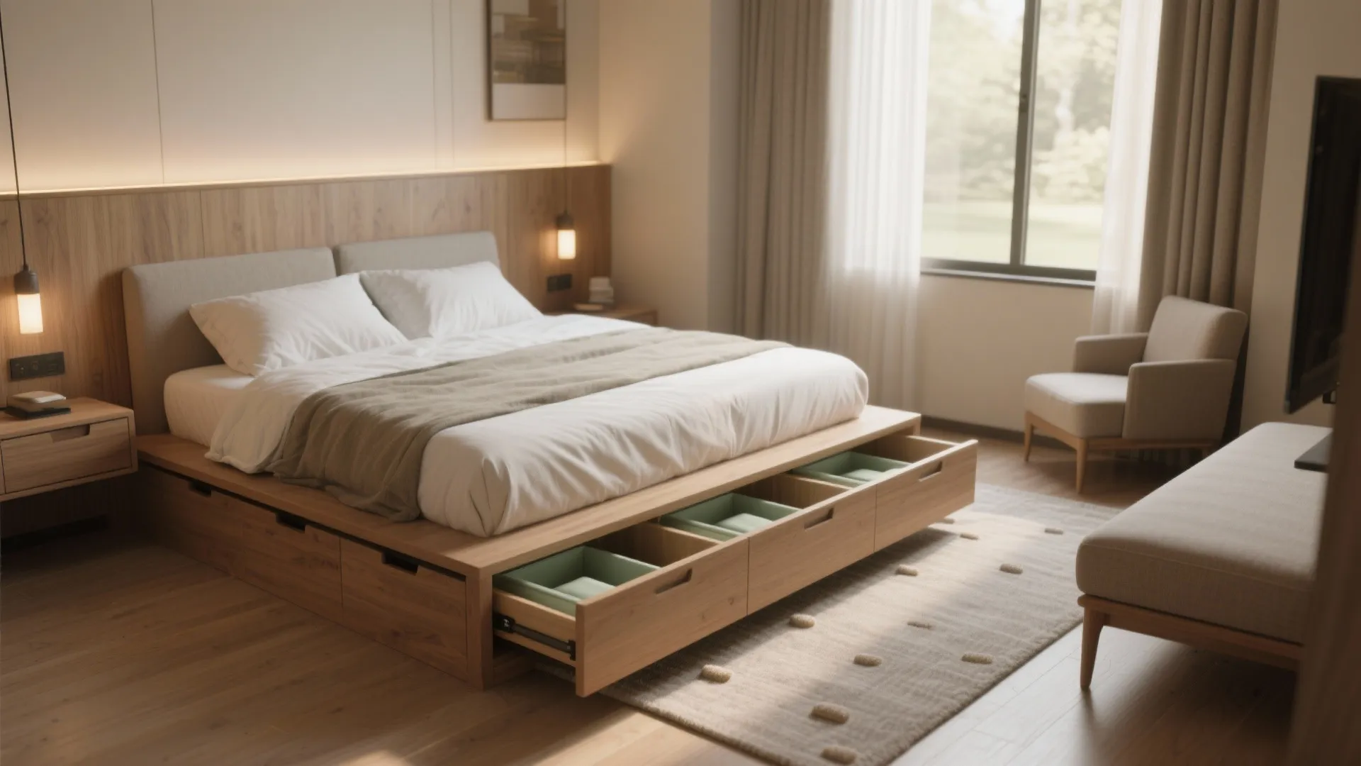 2) Lift the bed: storage below, sanctuary above