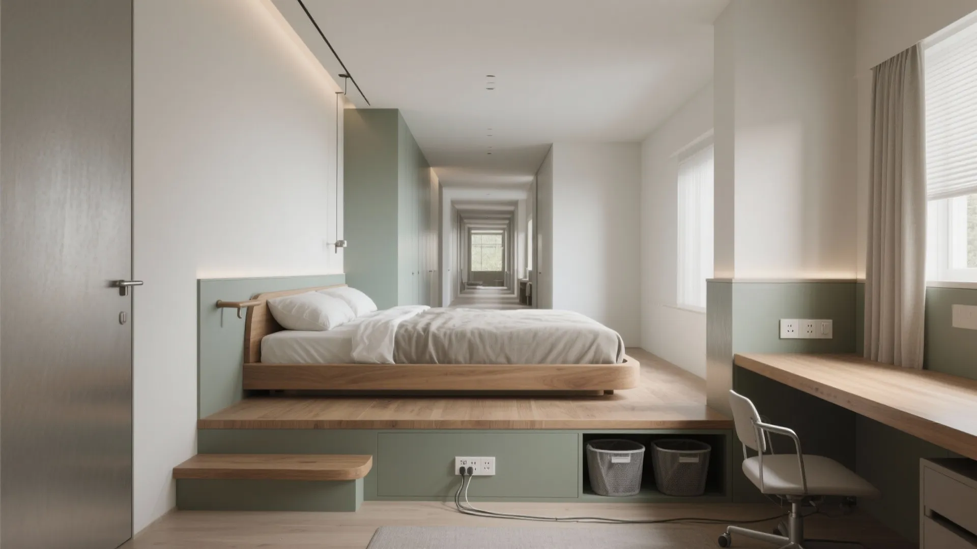 Raised Platform Bed with Under-Desk Storage