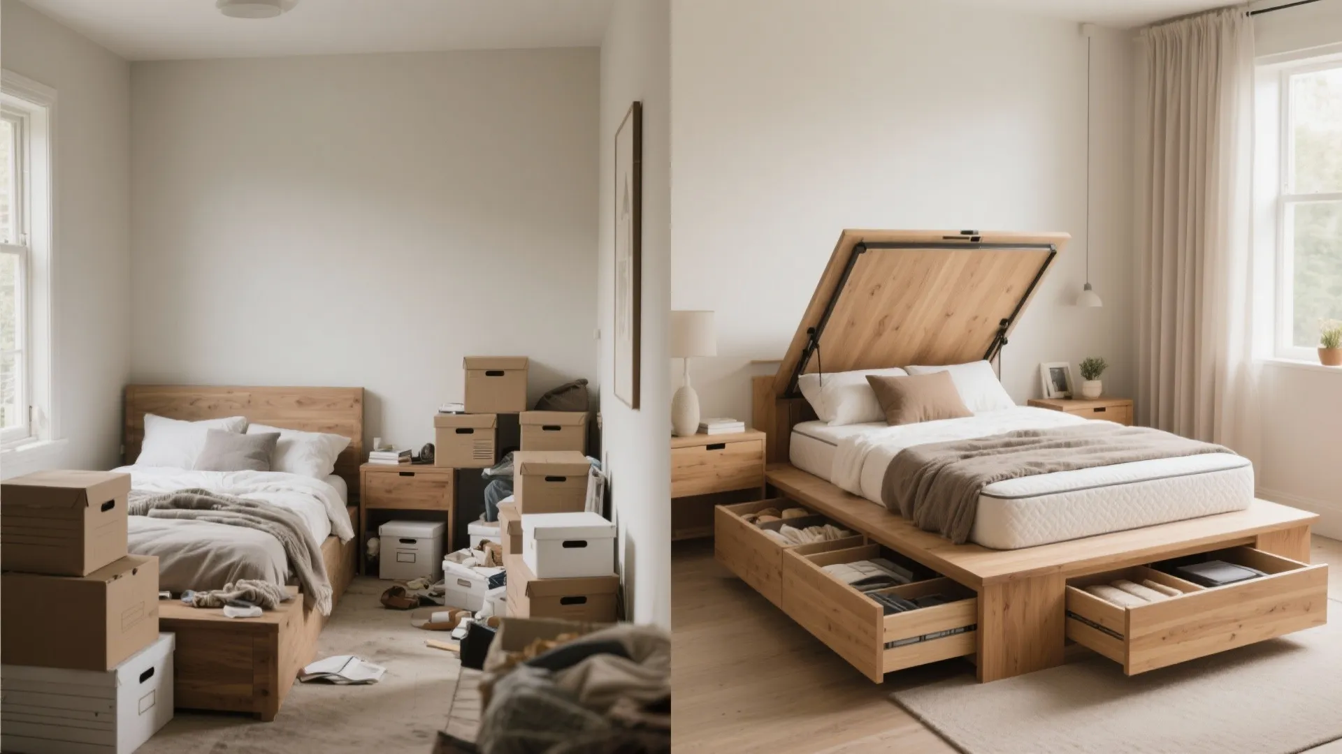 Before and after side by side view showing a messy bedroom versus organized storage bed