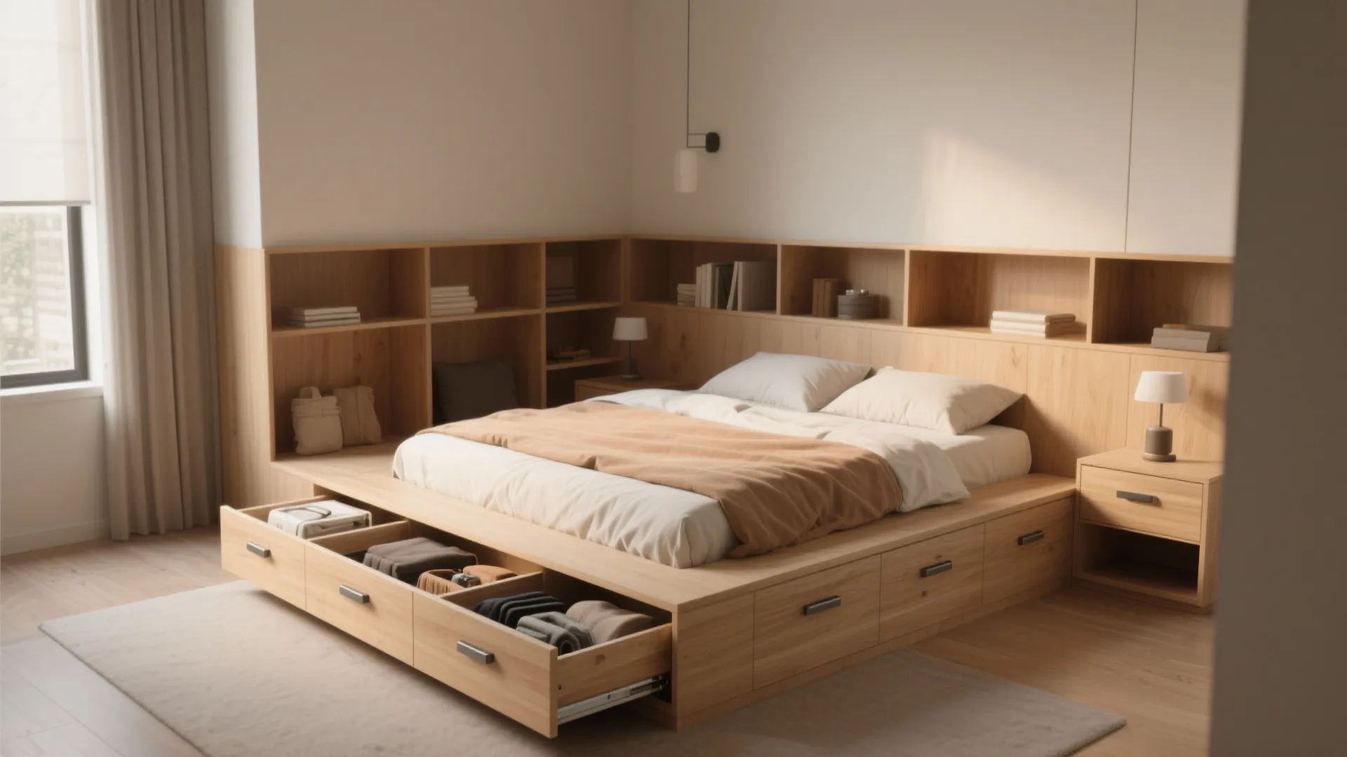 1. Low-profile platform with built-in storage