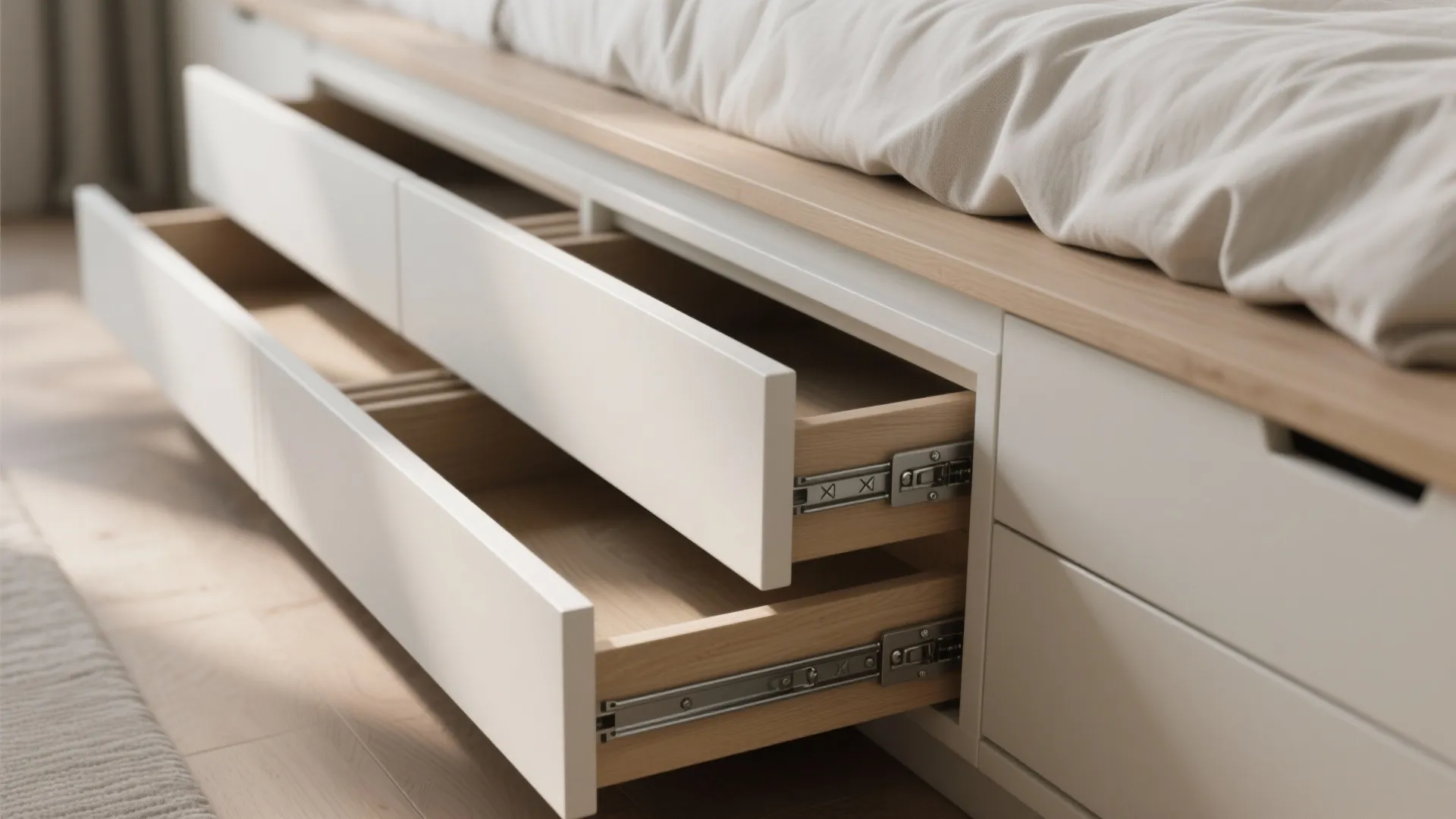 3. Built-In Platform Beds with Storage Drawers