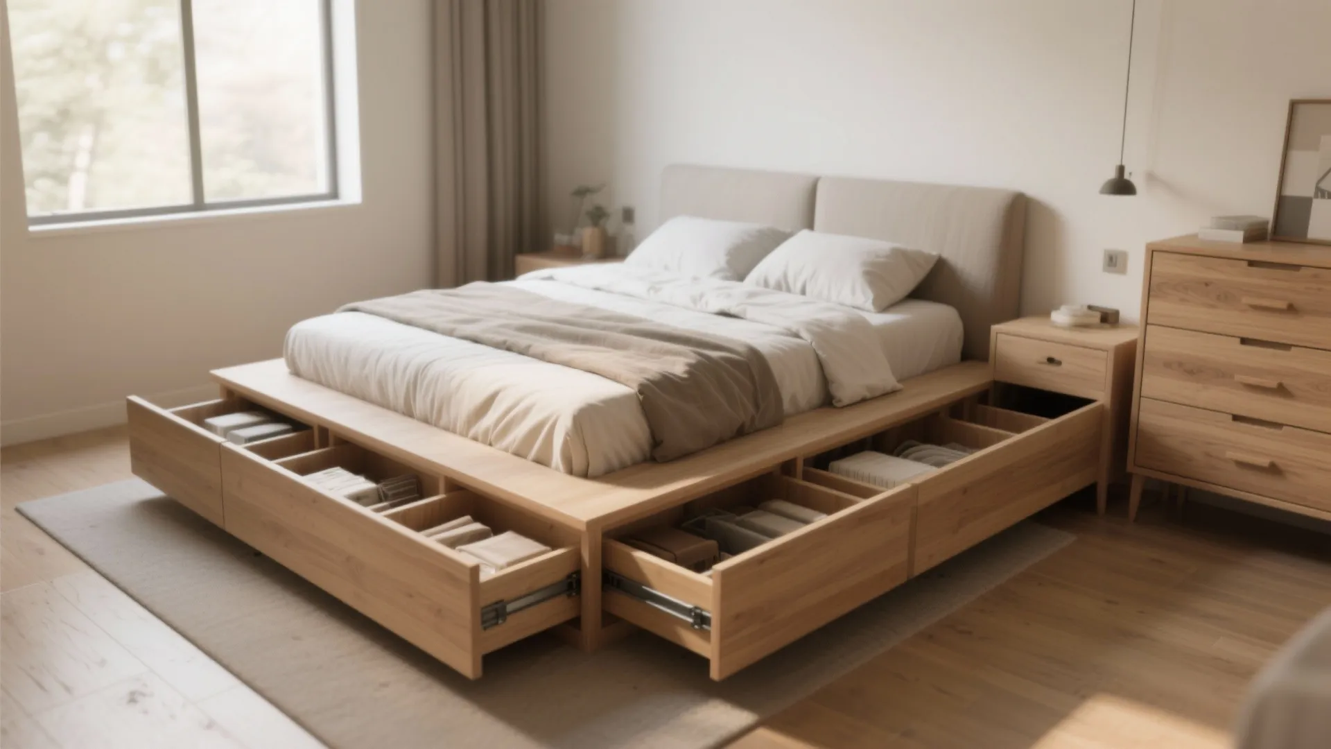Wooden platform bed with open storage drawers showing clothes inside a bright modern bedroom interior