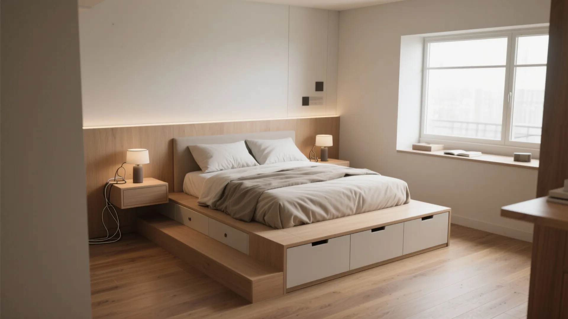 Modern bedroom featuring a wooden platform bed with storage drawers and a large bright window