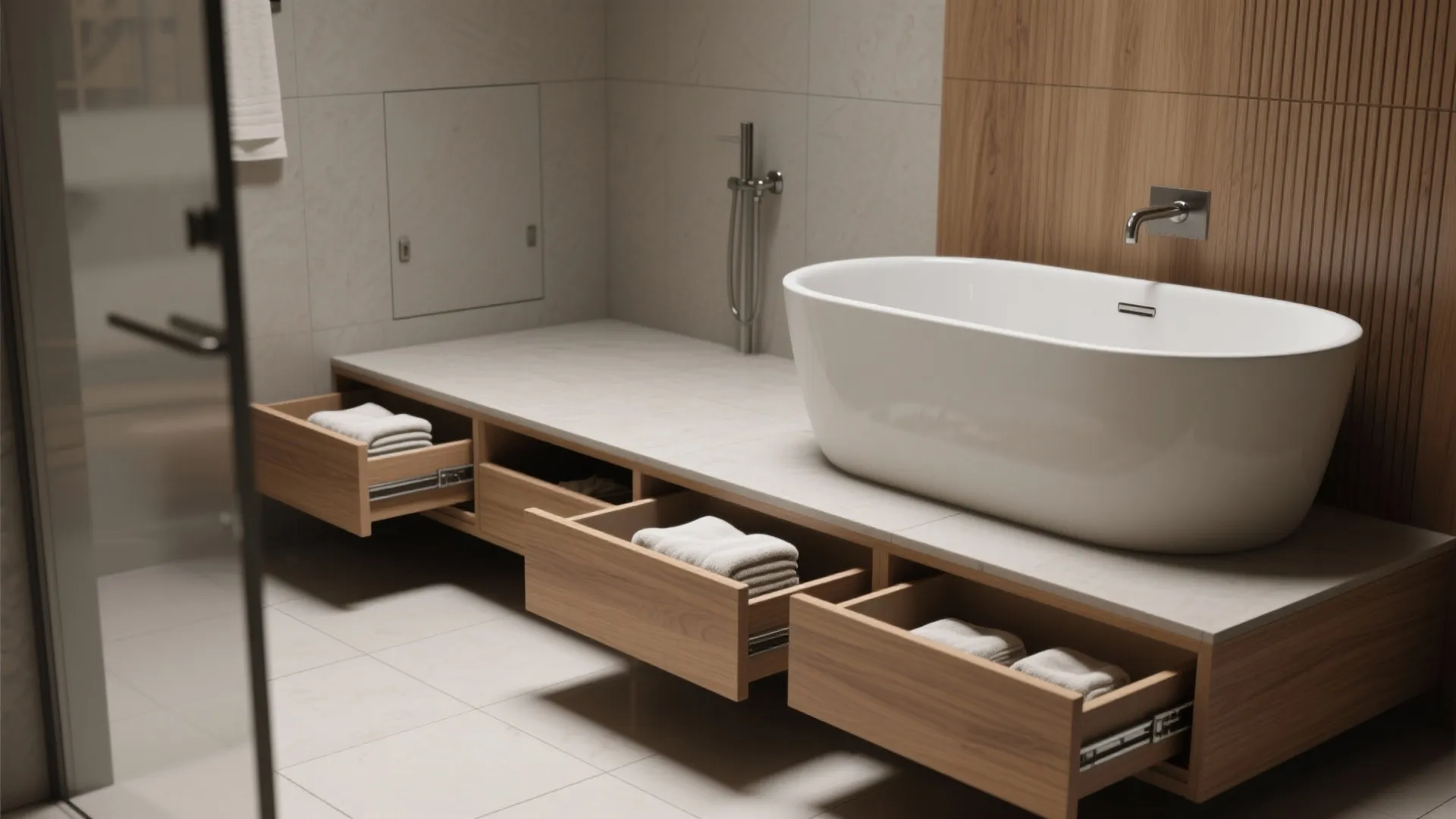 White bathtub sitting on wooden platform storage with open drawers containing folded towels and wall panel