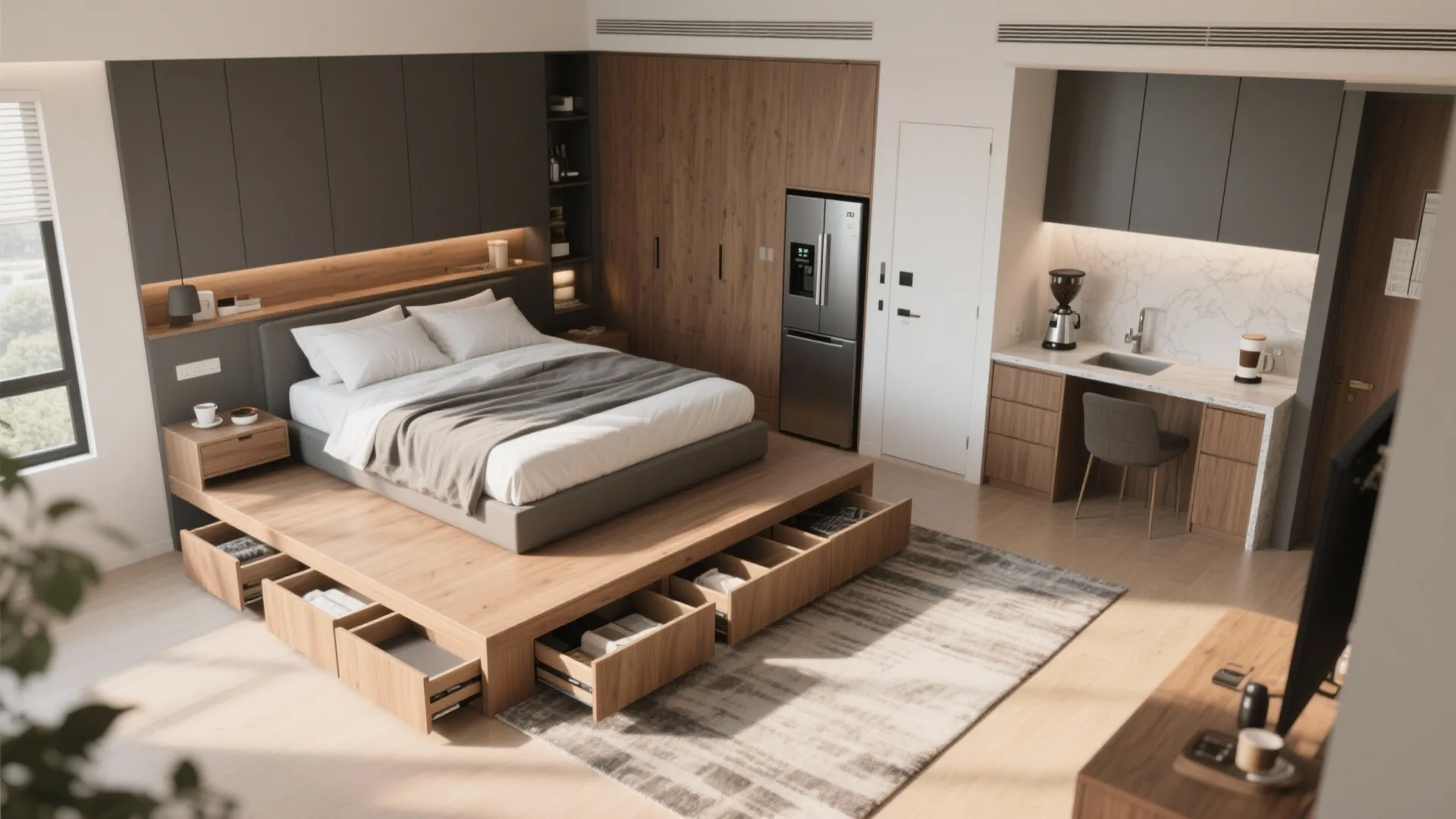 3) Elevated platform bed with built-in storage and a coffee nook