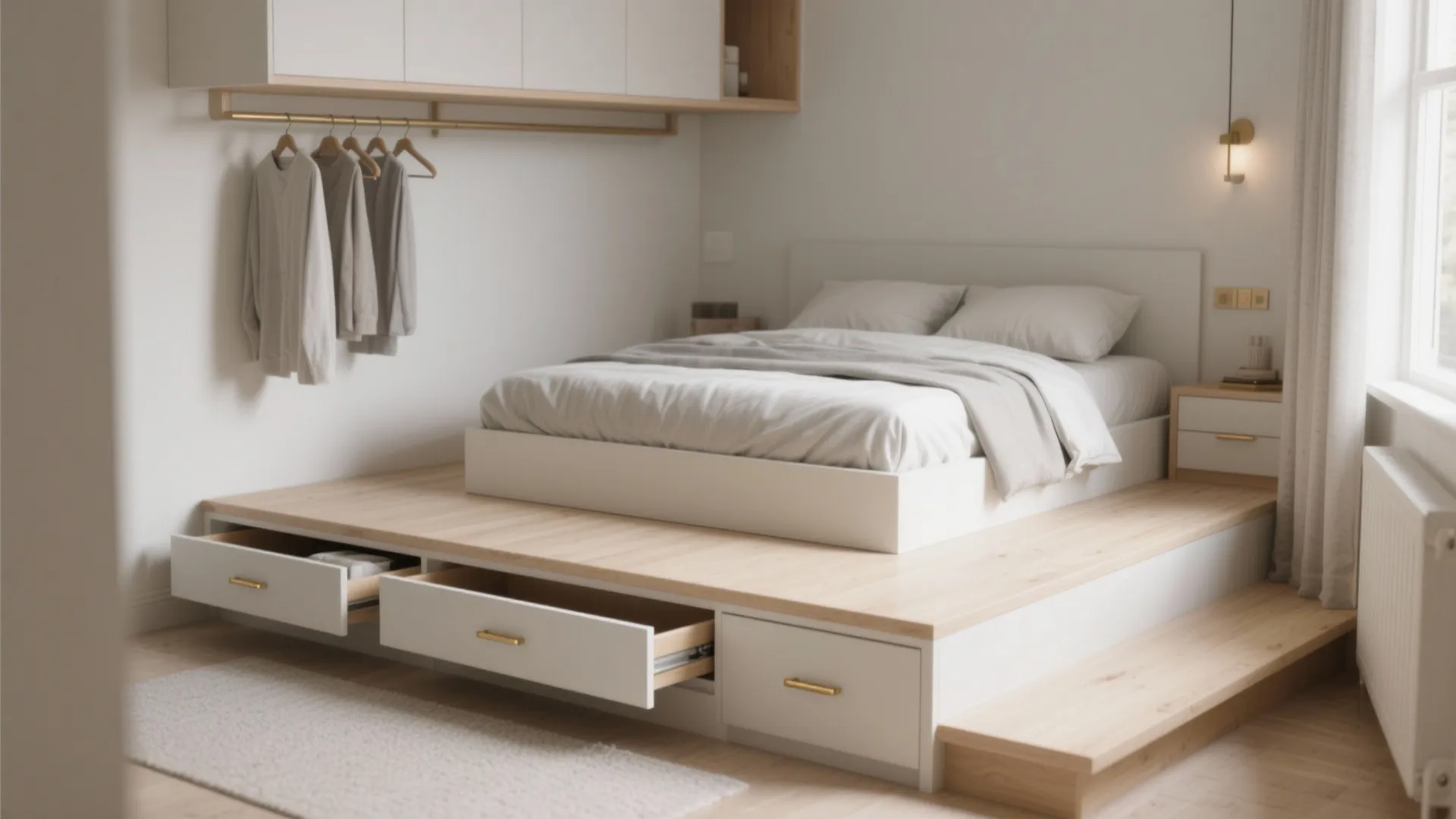 Minimalist bedroom with a raised wooden platform bed including storage drawers and a white cabinet