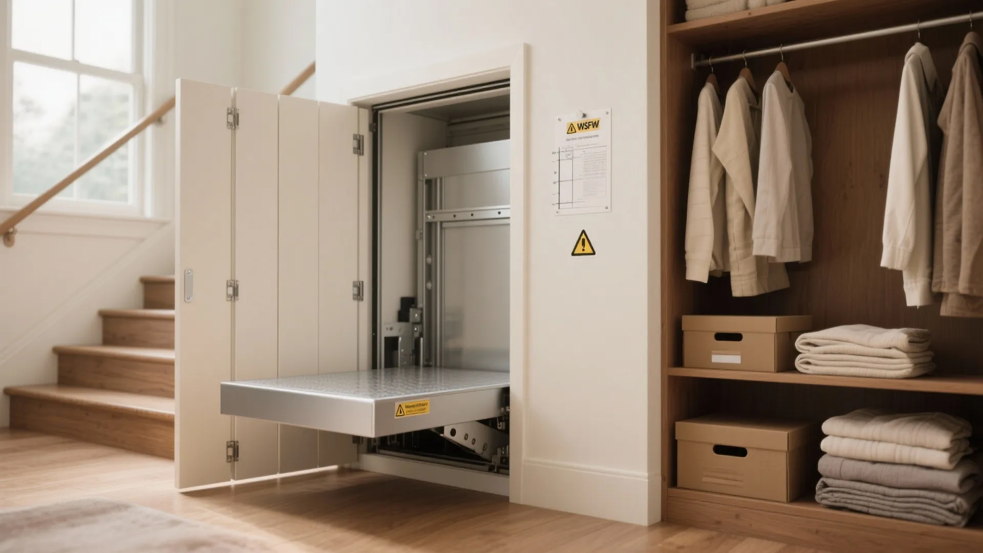 Metal lift platform emerging from a small wall door next to a wooden bedroom closet