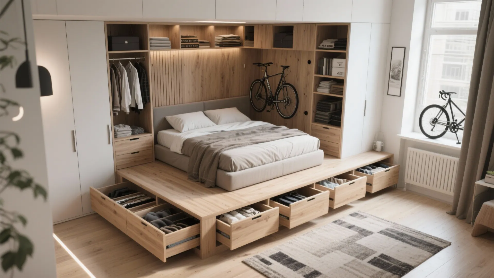2. Elevated Platform Bed with Built-In Storage