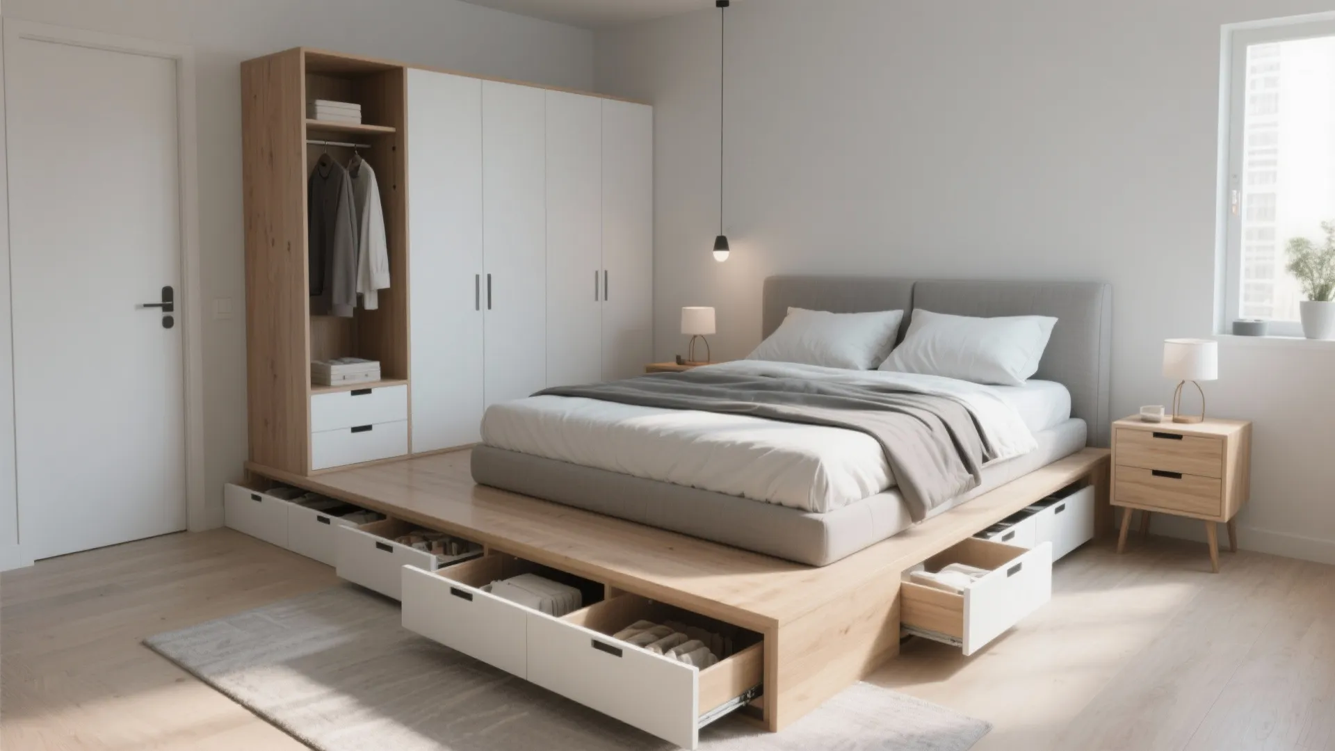 3. Platform bed with built-in storage, two small nightstands, and a compact wardrobe