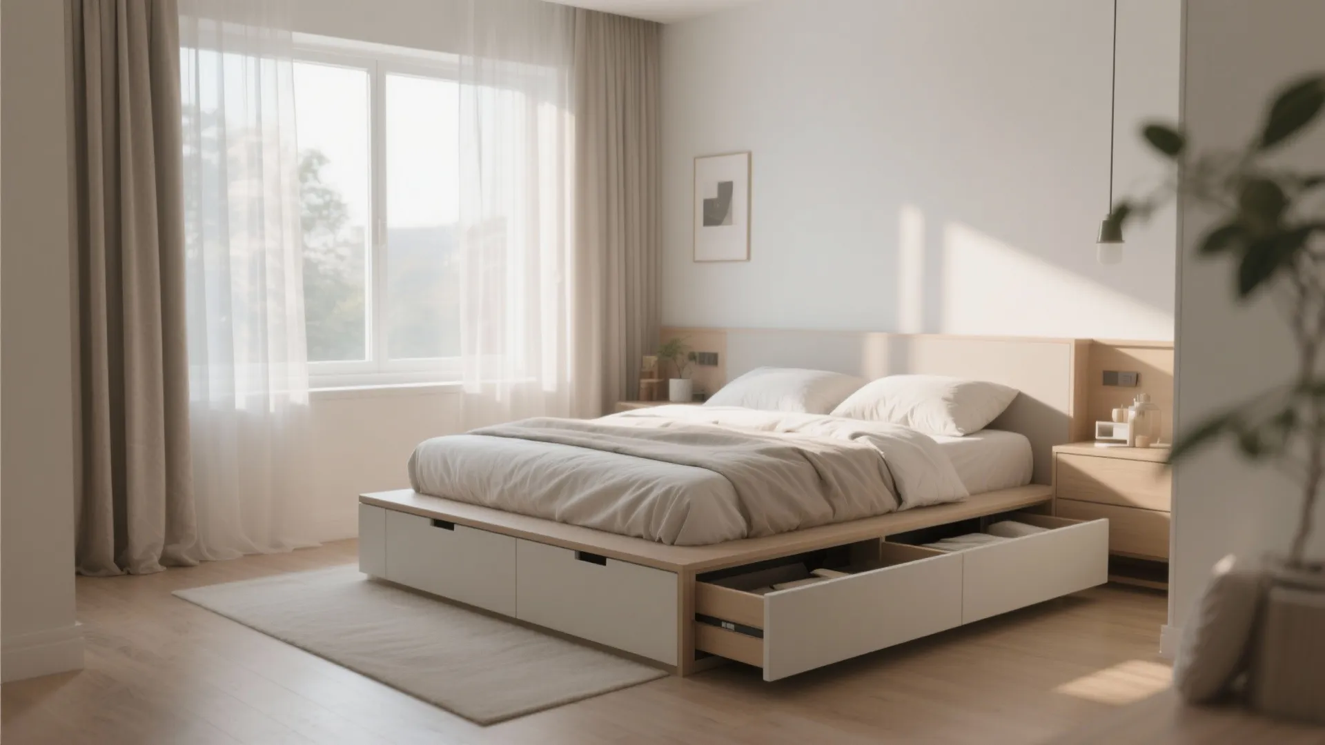 Platform bed with open storage drawers in bright bedroom featuring large window and warm light